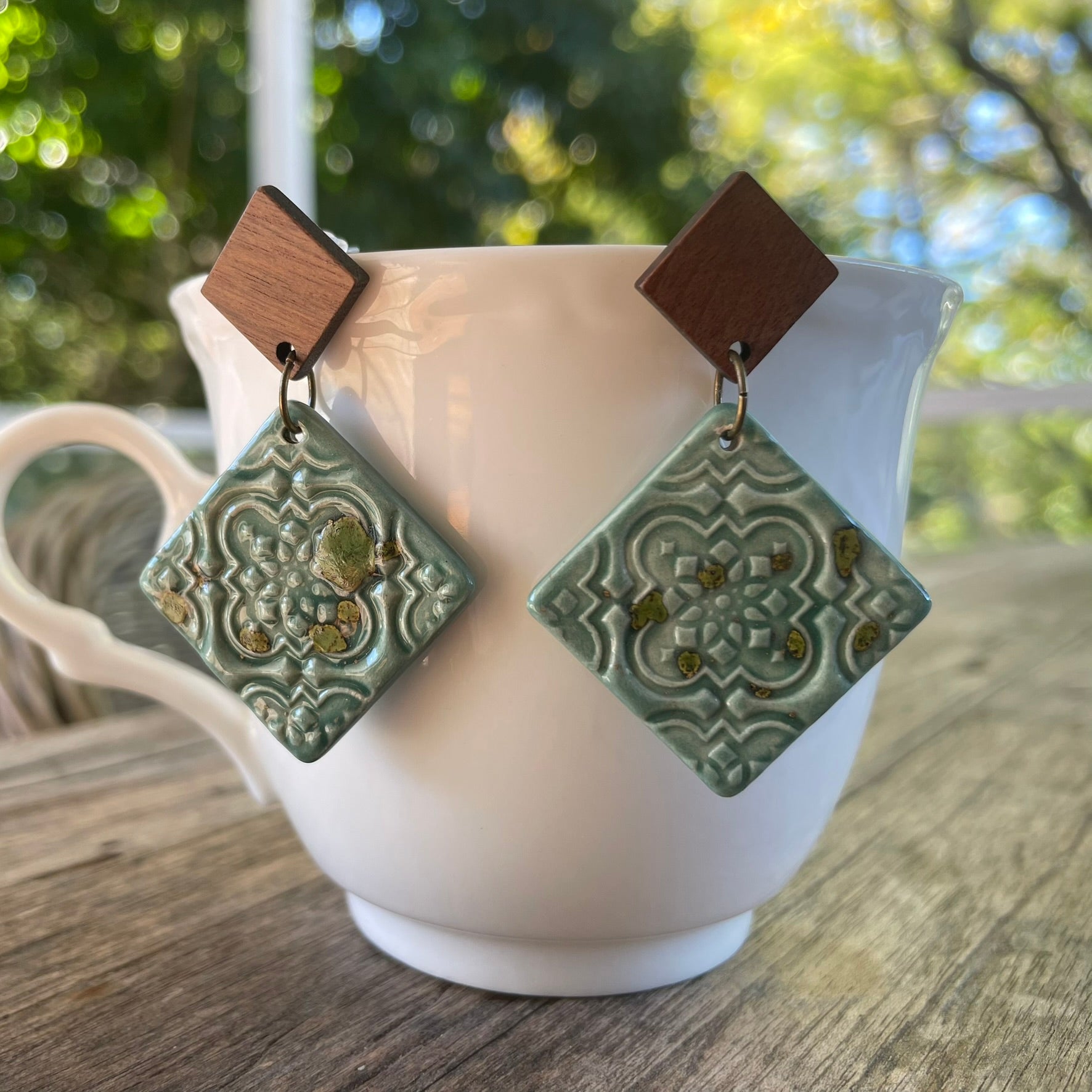Earrings square ceramic tile aqua turquoise green wooden stud dangles