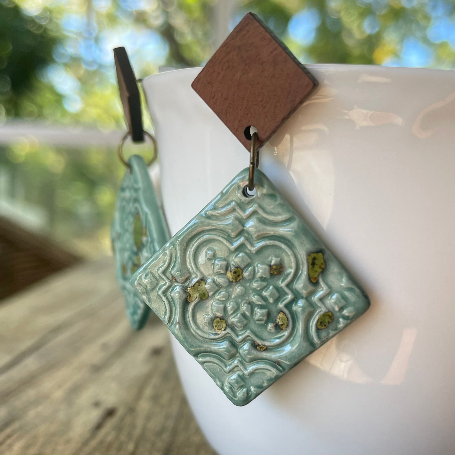 Earrings square ceramic tile aqua turquoise green wooden stud dangles