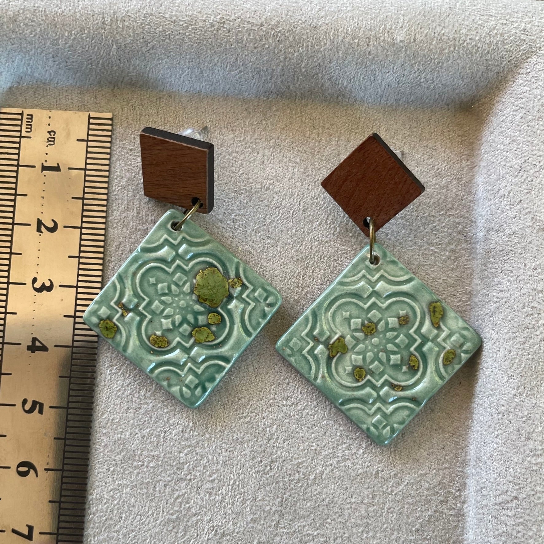 Earrings square ceramic tile aqua turquoise green wooden stud dangles