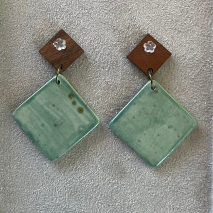 Earrings square ceramic tile aqua turquoise green wooden stud dangles