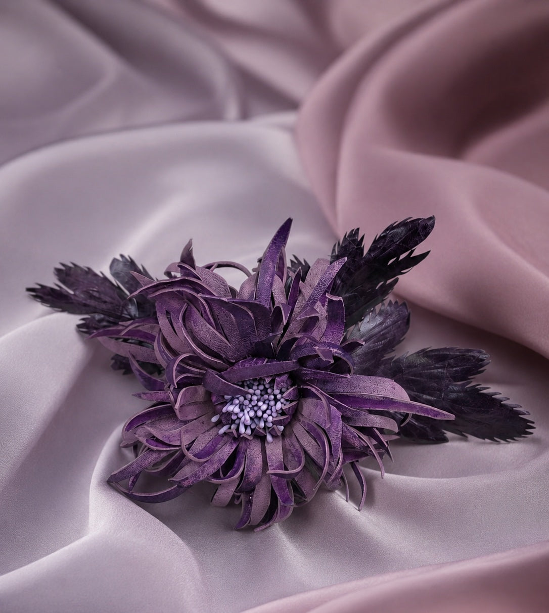 Leather  Chrysanthemum "Ribbon" Brooch / Hair Clip