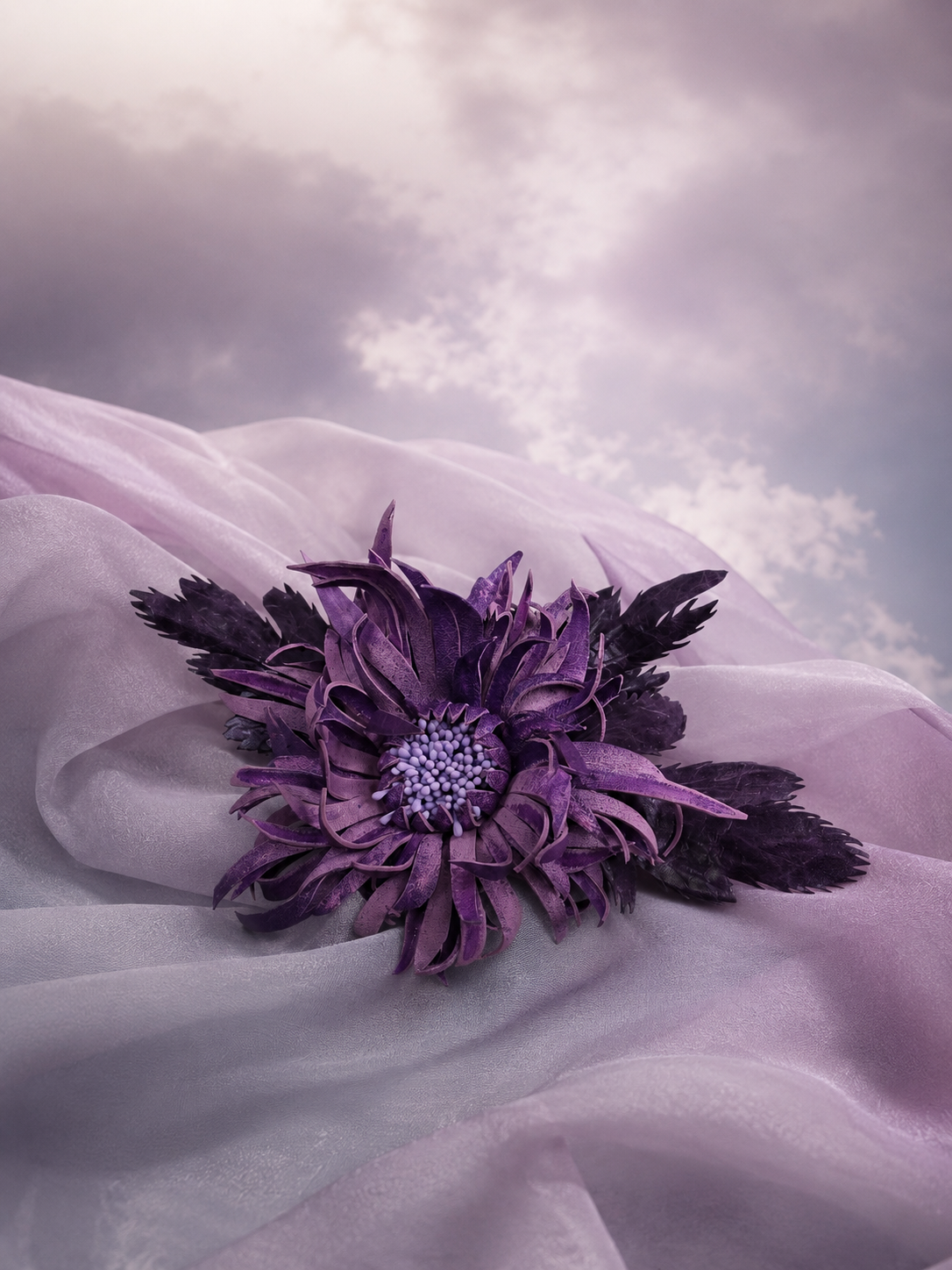 Leather  Chrysanthemum "Ribbon" Brooch / Hair Clip