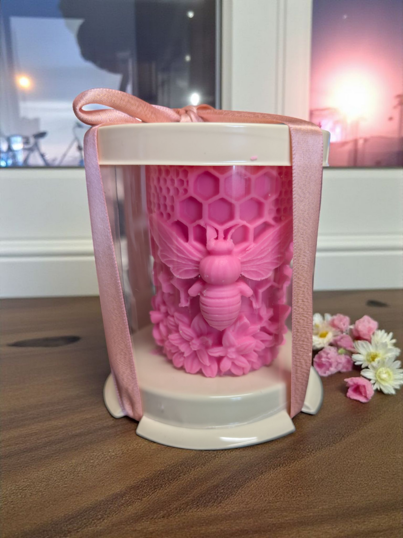 Hand Poured Lovers Candle | Patchouli, Musk & Sandalwood | Hot Pink Pillar 11cm x 7cm