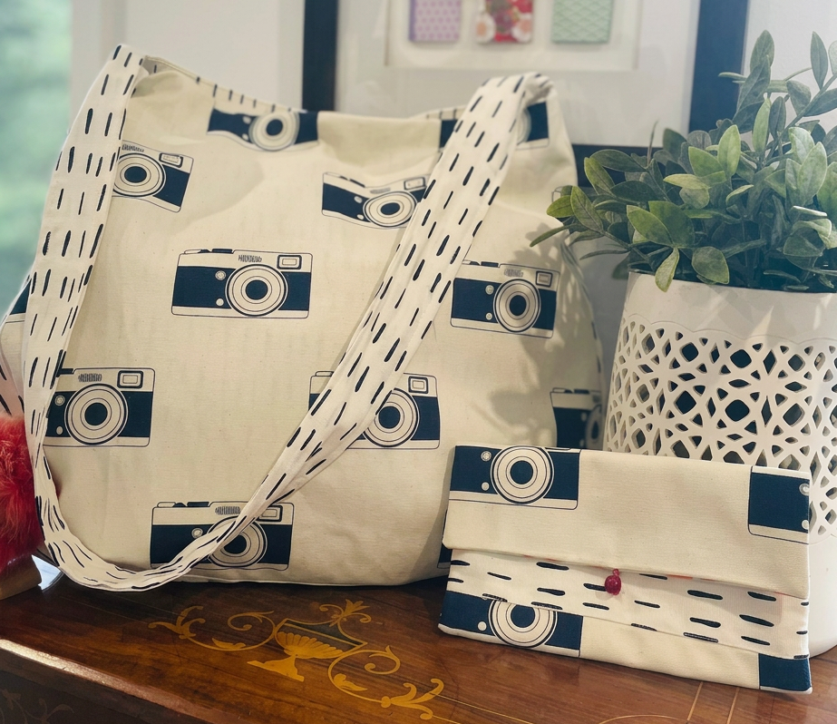 Retro Camera Print Tote Bag, Upcycled