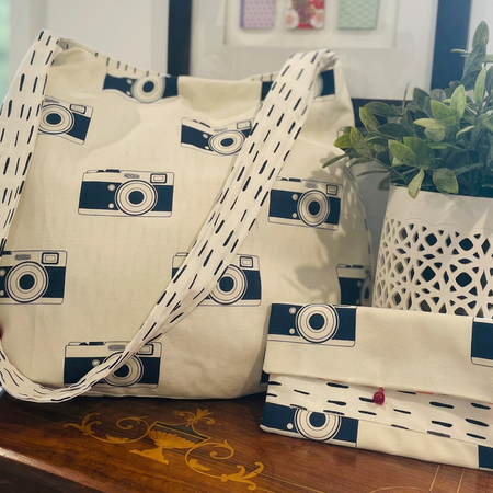 Retro Camera Print Tote Bag, Upcycled
