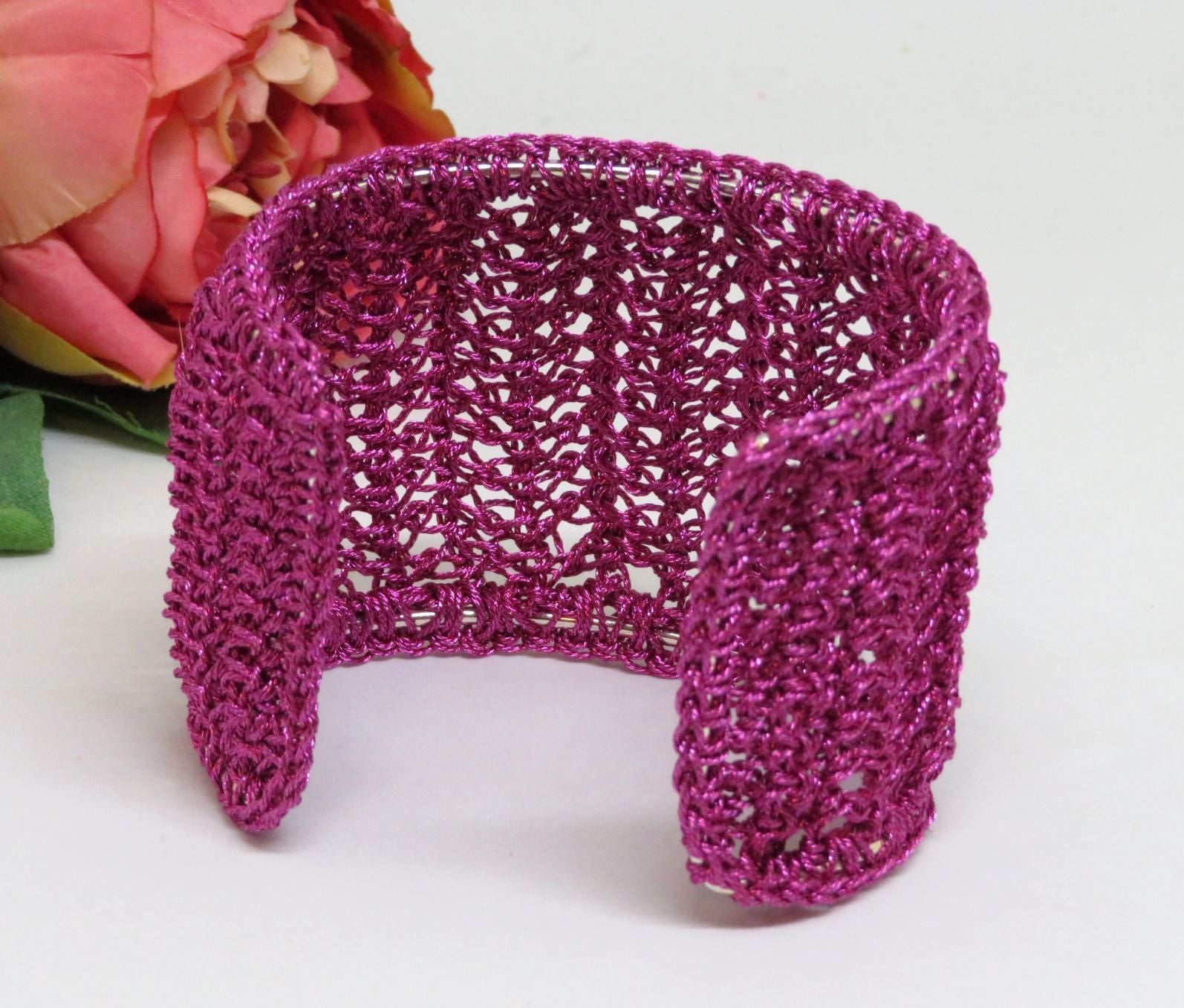 Magenta Bespoke Handmade Crochet Shimmer Thread Cuff Bracelet
