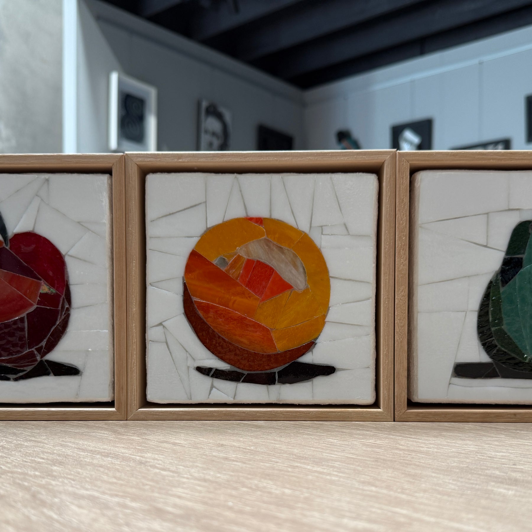 Stained Glass Mosaic Apple Framed in Oak