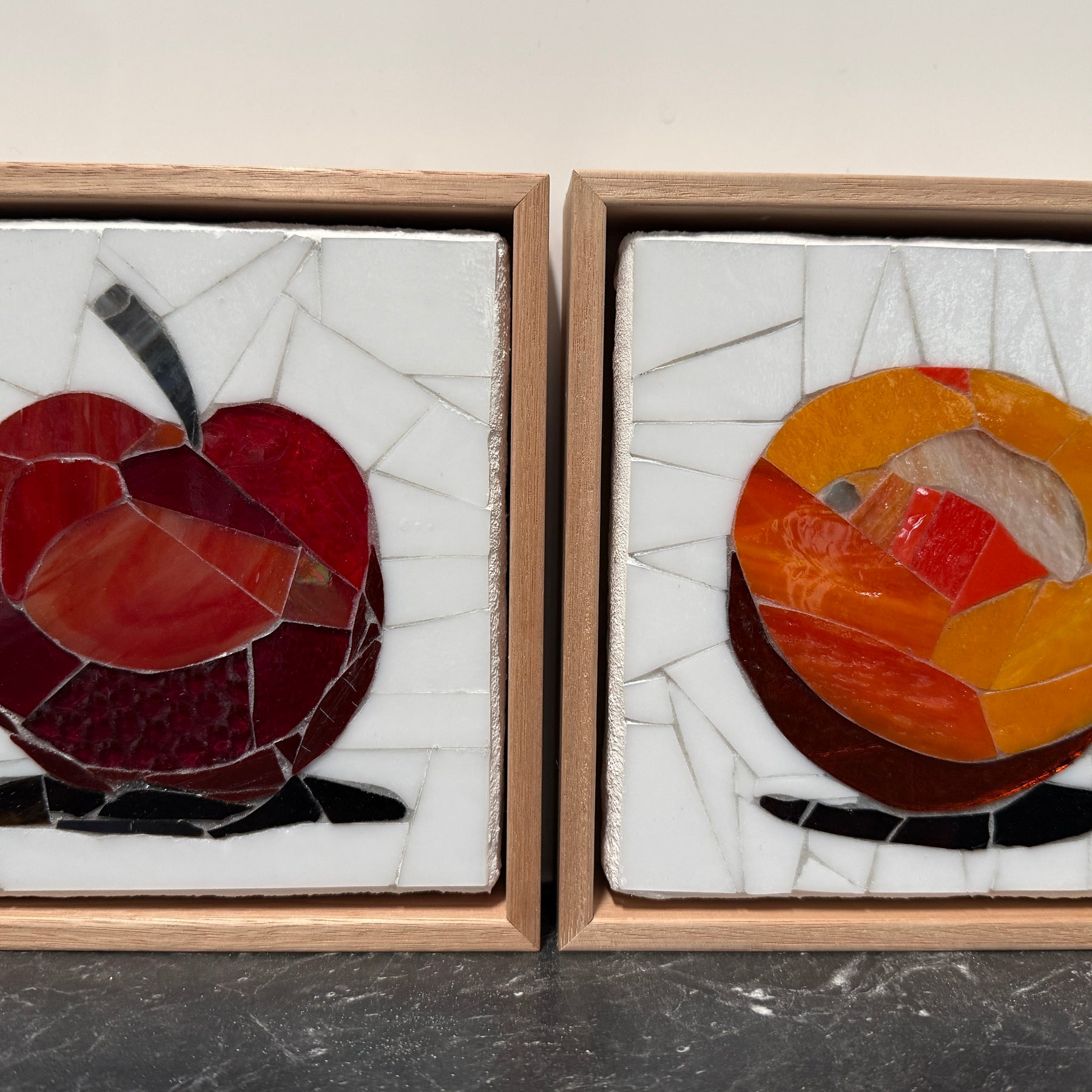 Stained Glass Mosaic Apple Framed in Oak