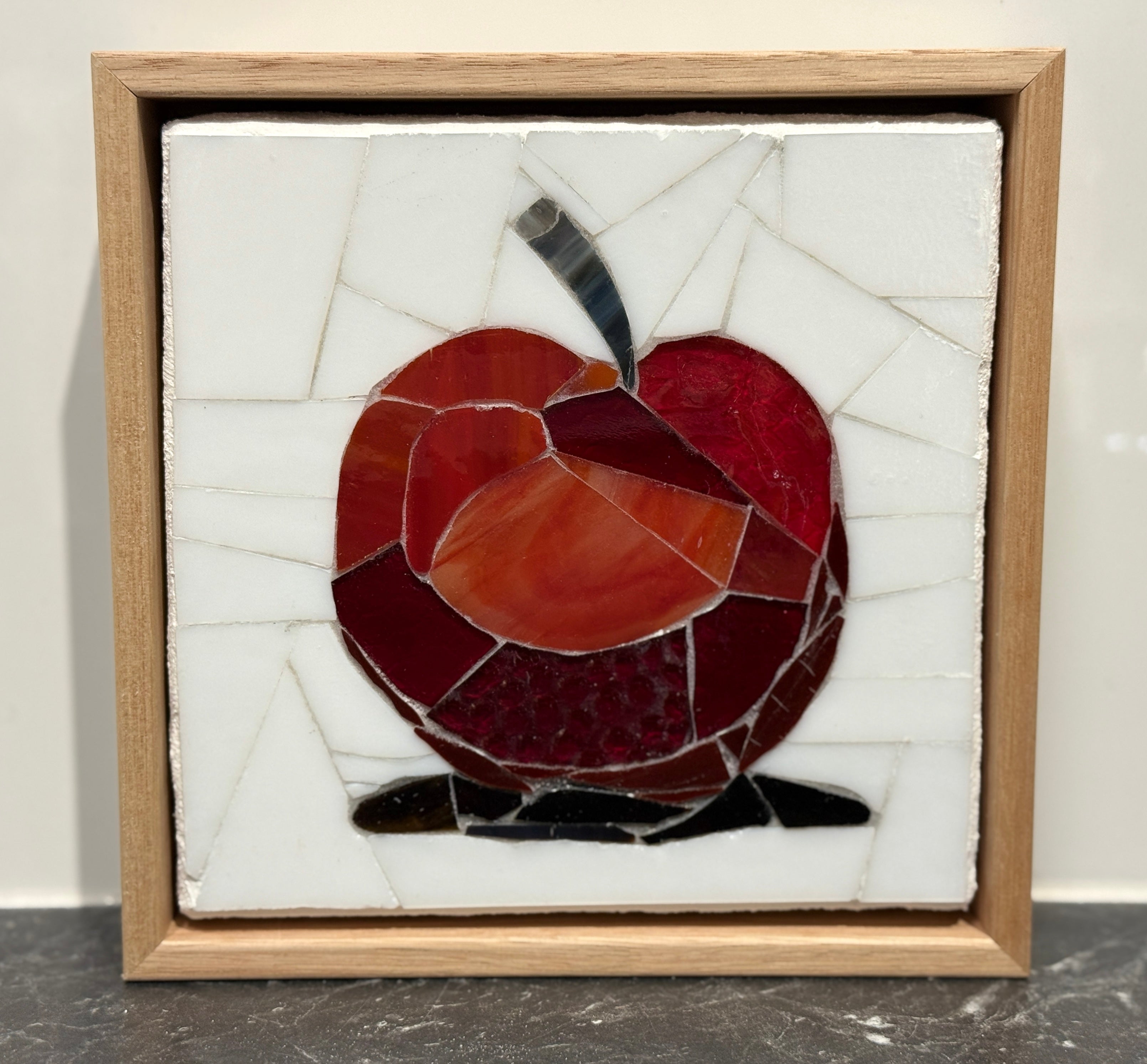 Stained Glass Mosaic Apple Framed in Oak