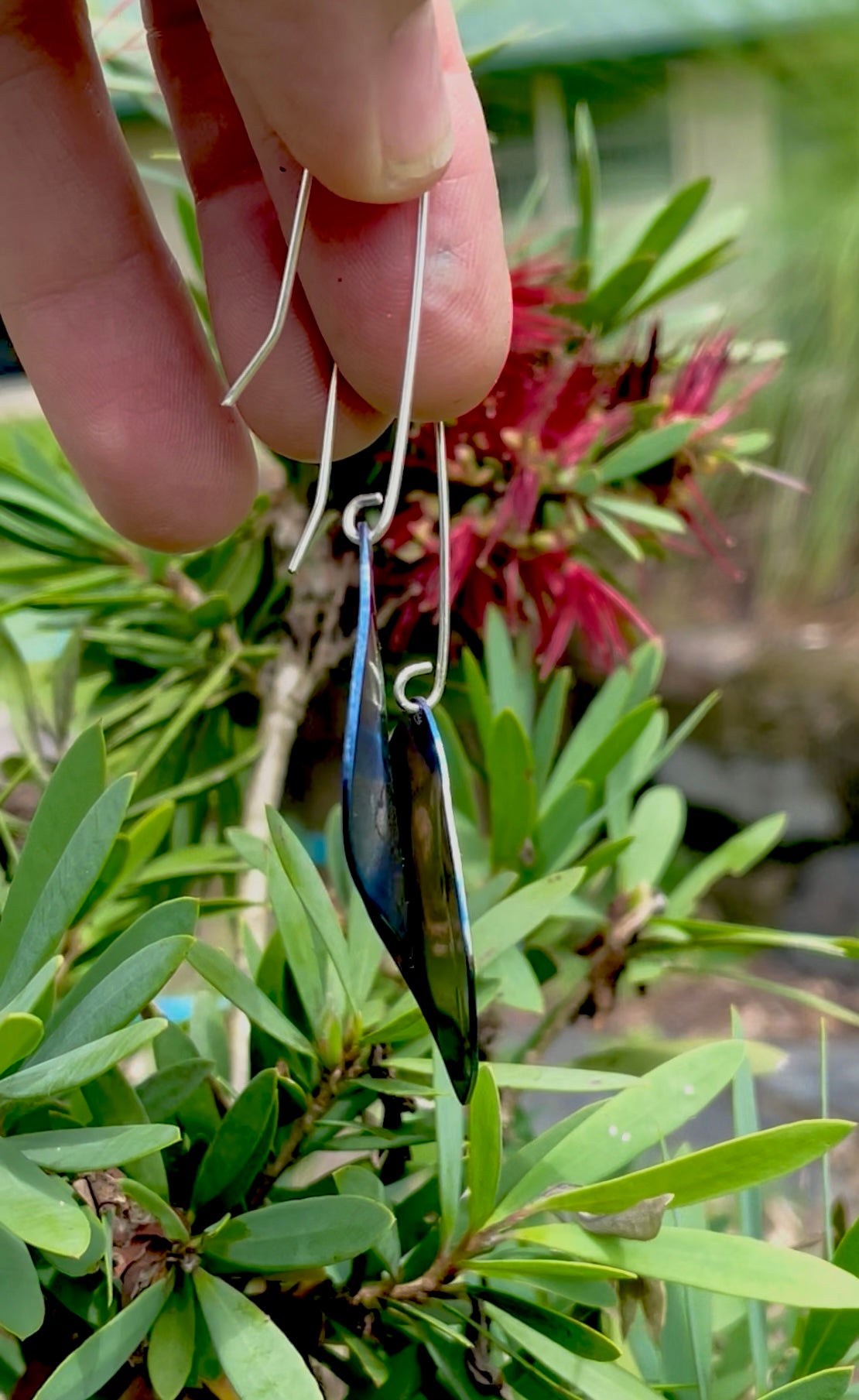 Titanium Statement Dangles with Painted Floral Design-Blue, Yellow and Orange