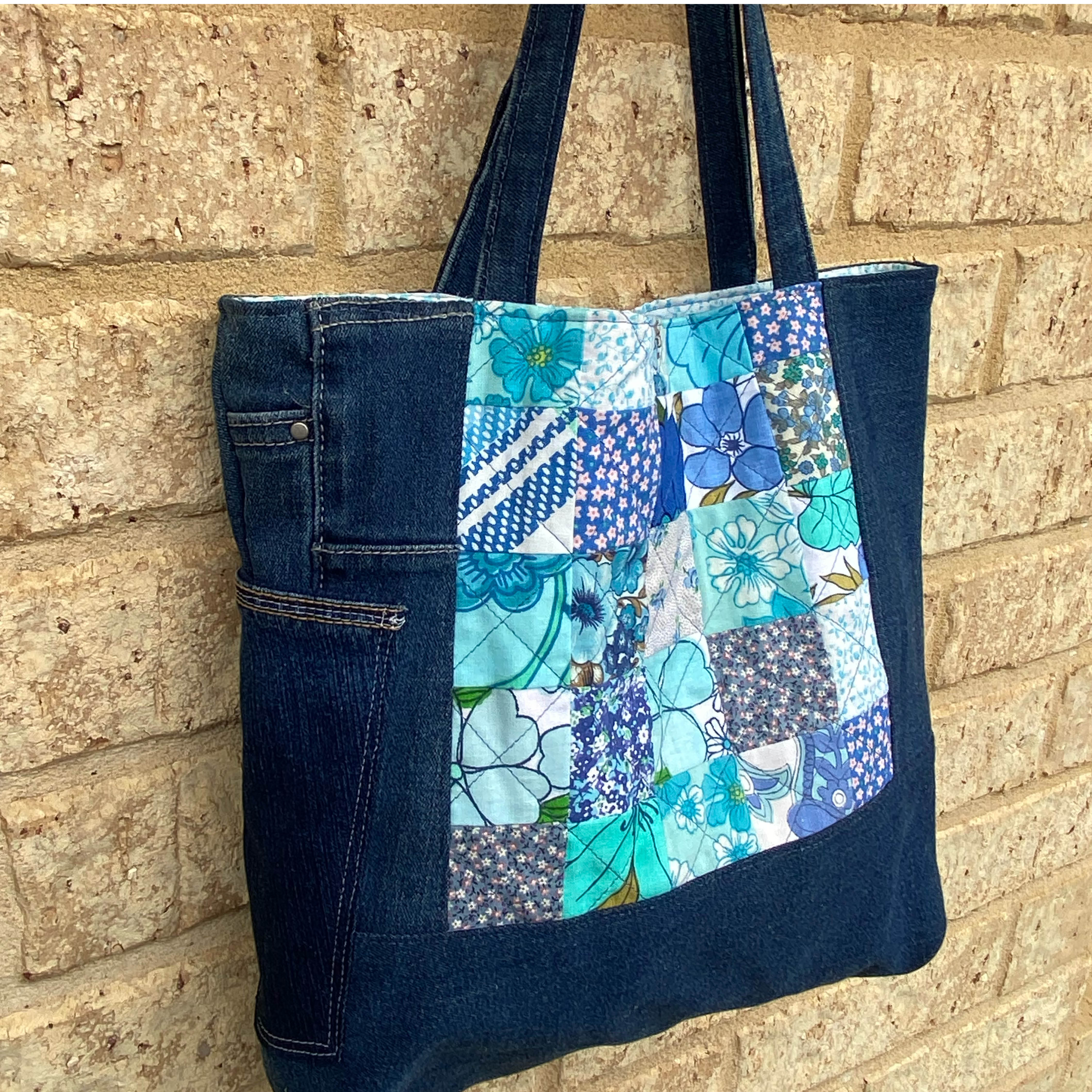 Coastal Blue Handmade Tote Bag Upcycled Vintage Fabrics & Denim Made