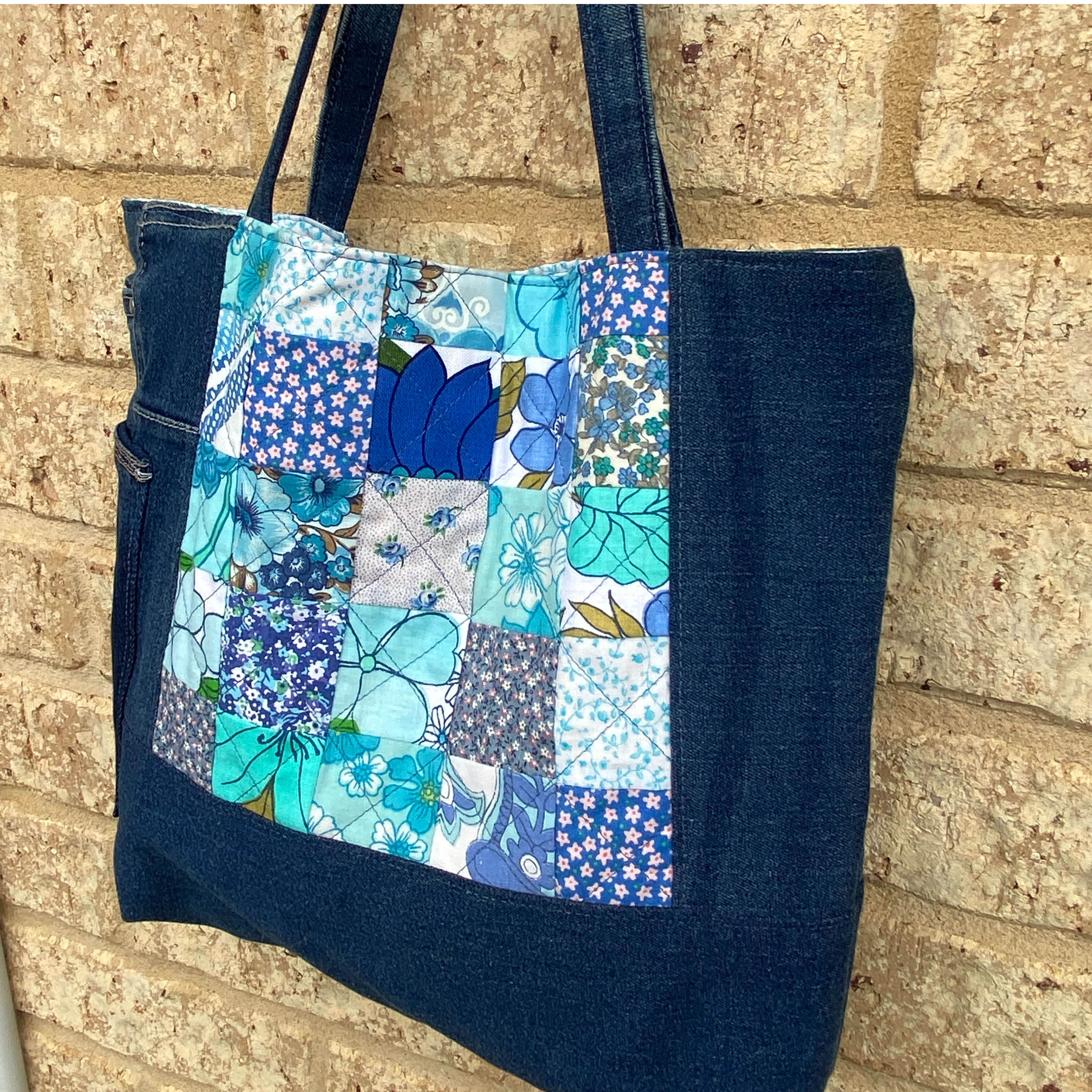 Coastal Blue Handmade Tote Bag Upcycled Vintage Fabrics & Denim Made