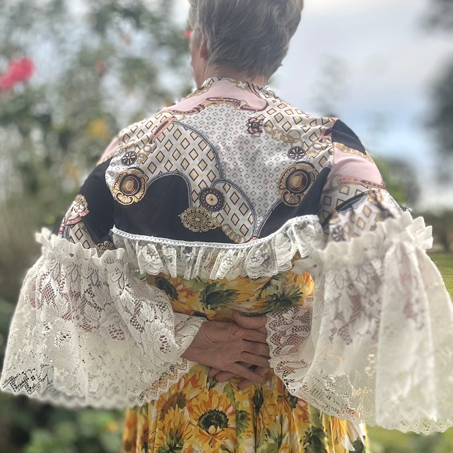 Upcycled Equestrian Patterned Bolero Cream Lace Sleeves