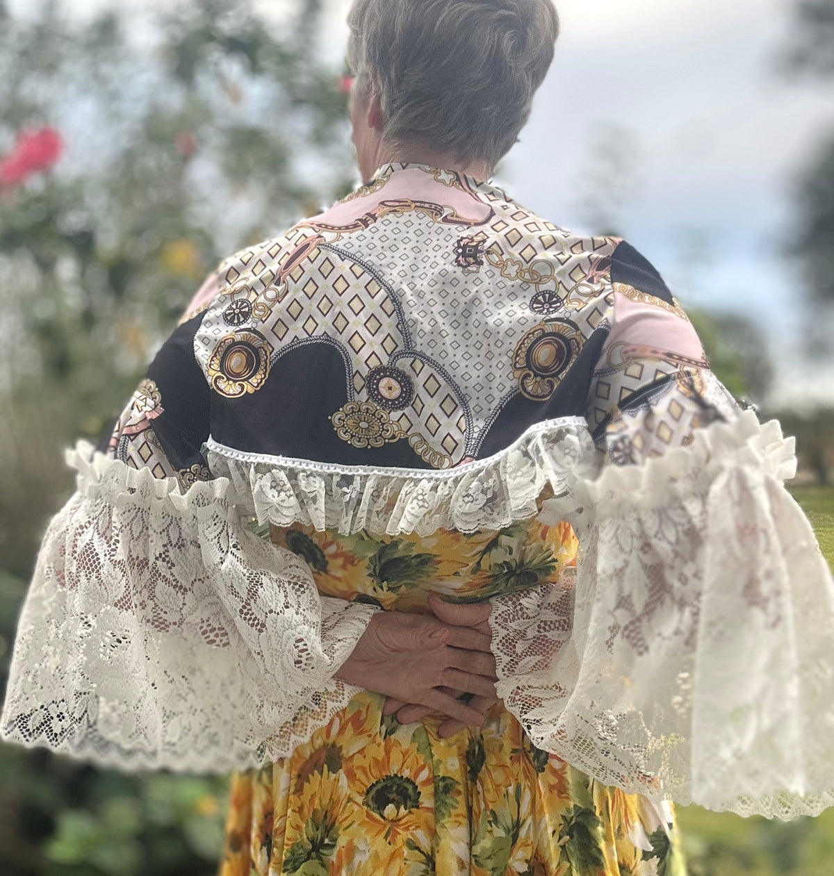 Upcycled Equestrian Patterned Bolero Cream Lace Sleeves