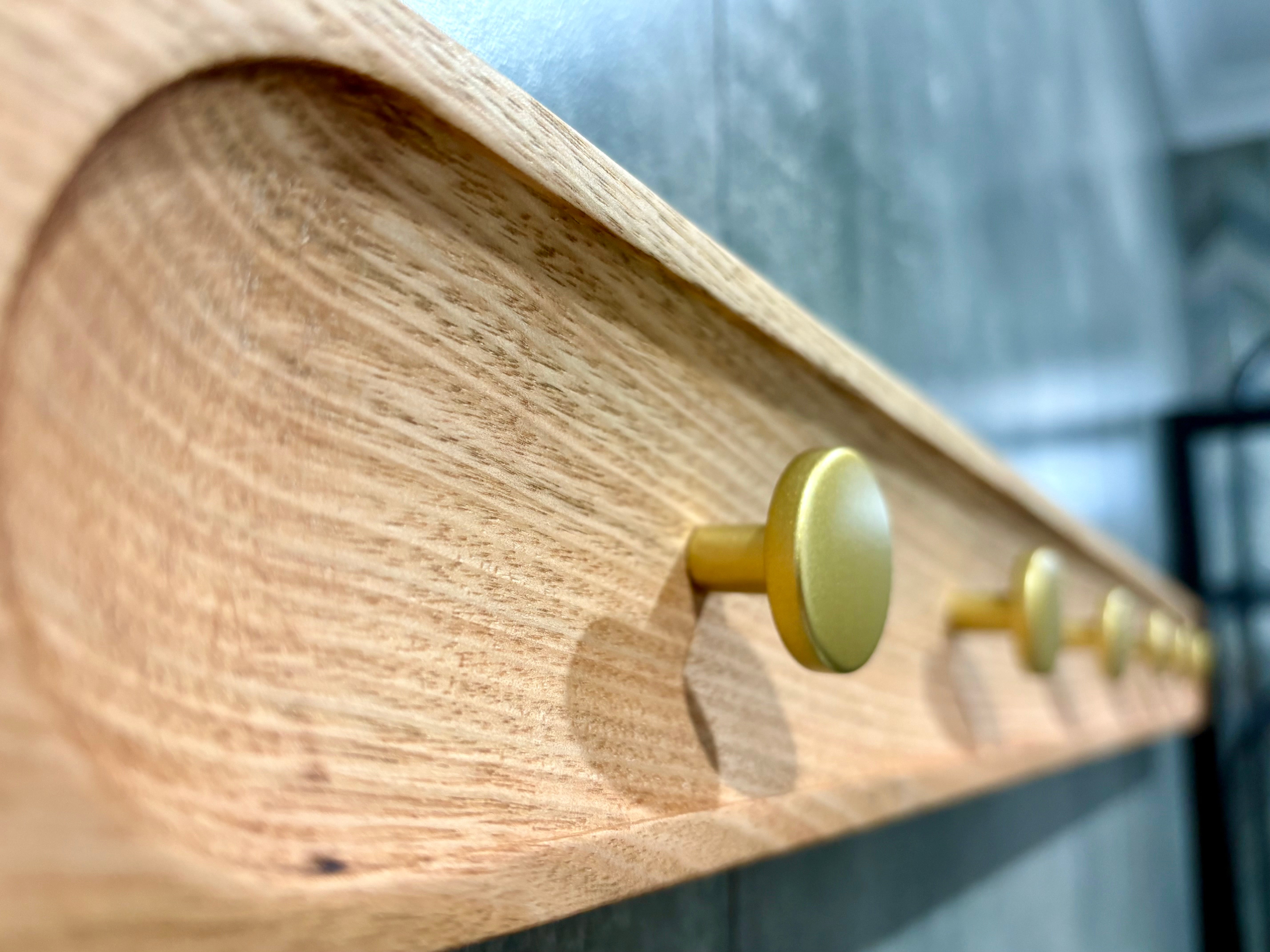 No.1 Tasmanian oak coat rack with gold hooks