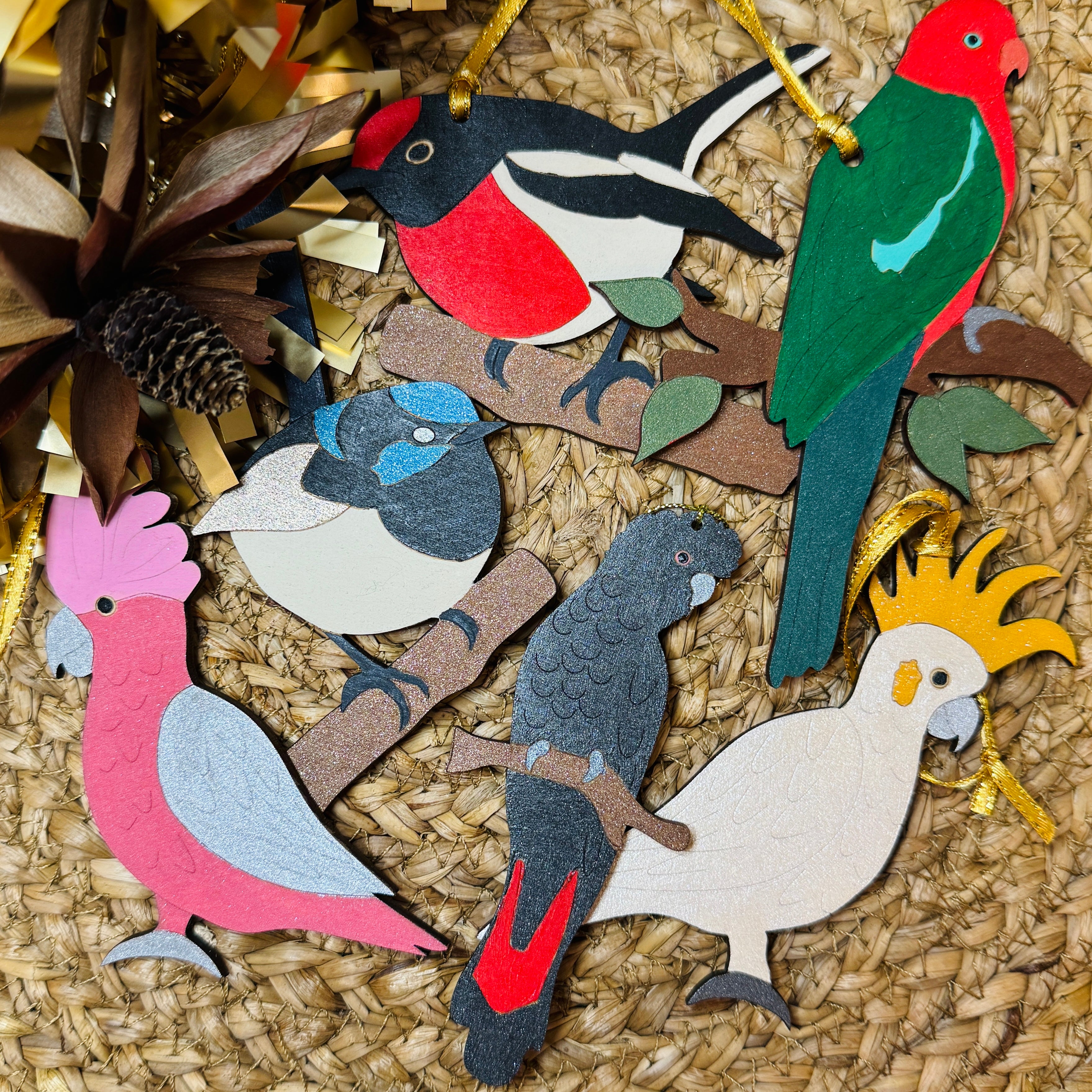 Set of 4 Australian Hand painted Bird Christmas Decorations