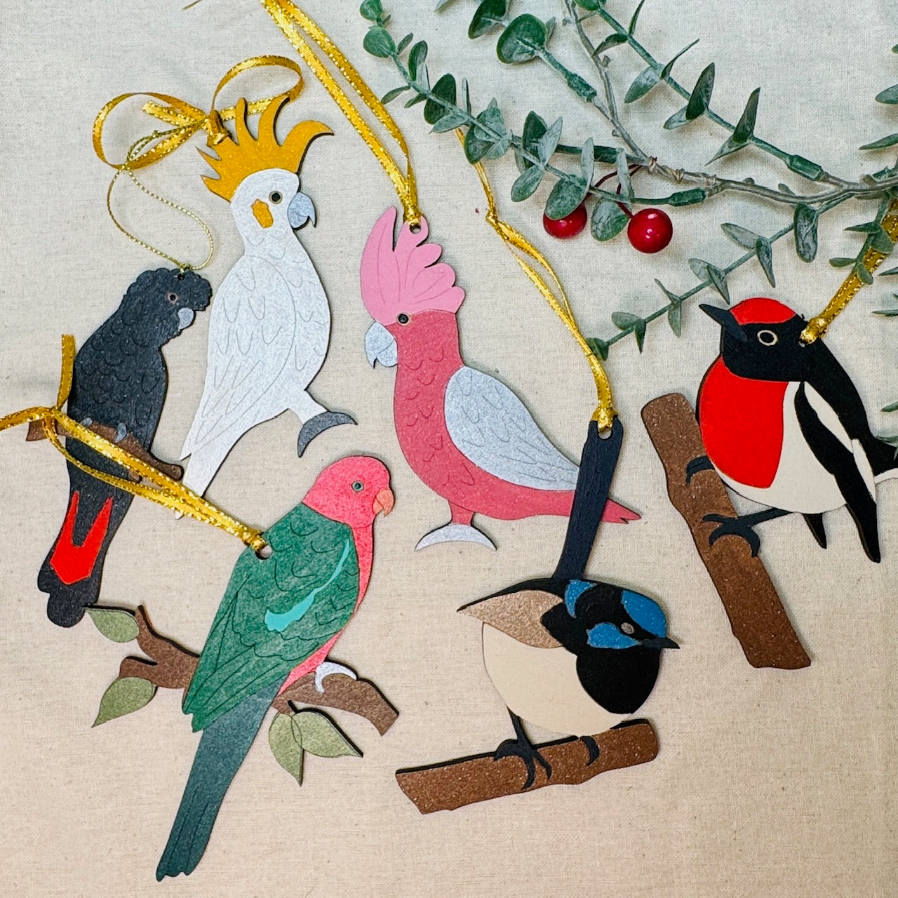 Set of 4 Australian Hand painted Bird Christmas Decorations