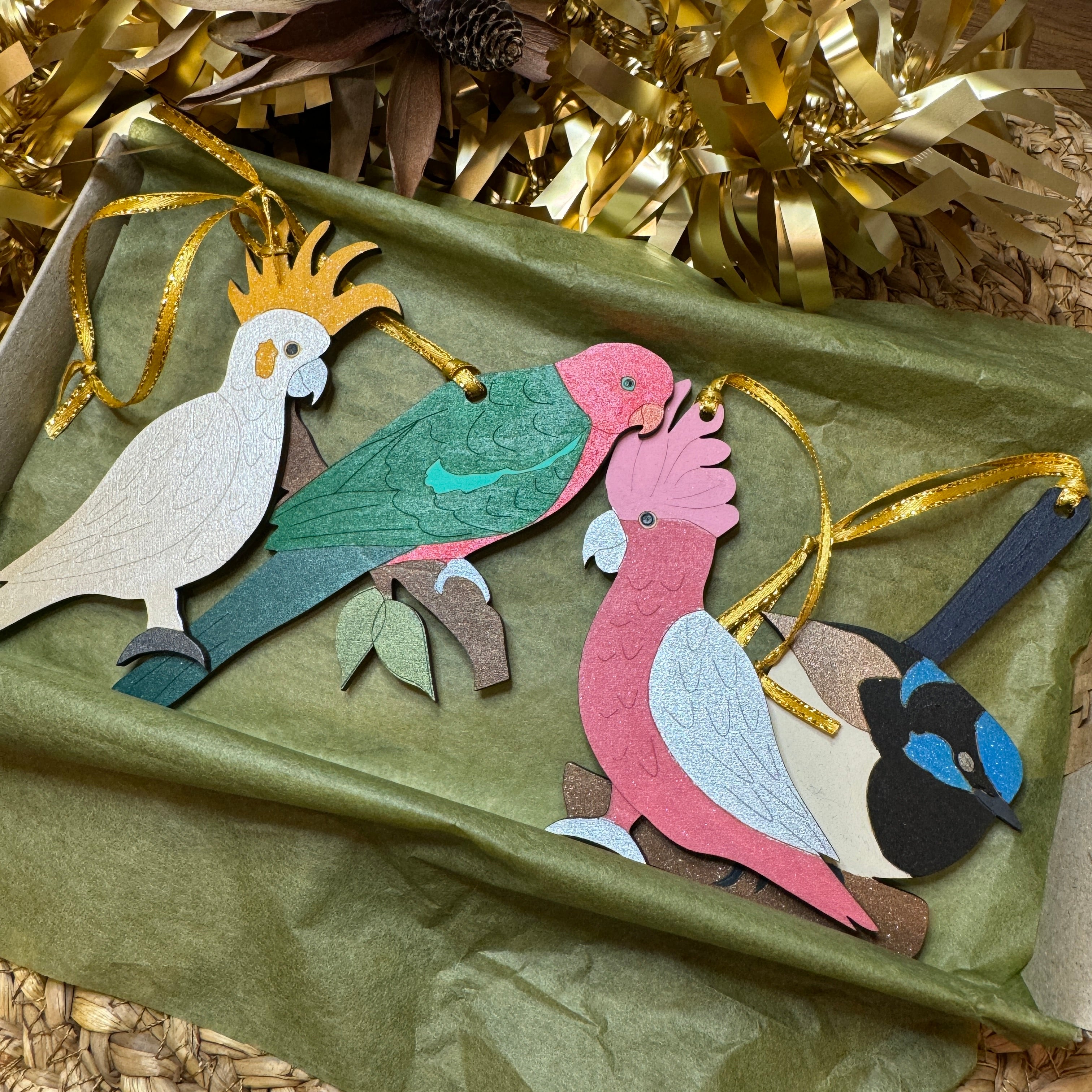 Set of 4 Australian Hand painted Bird Christmas Decorations