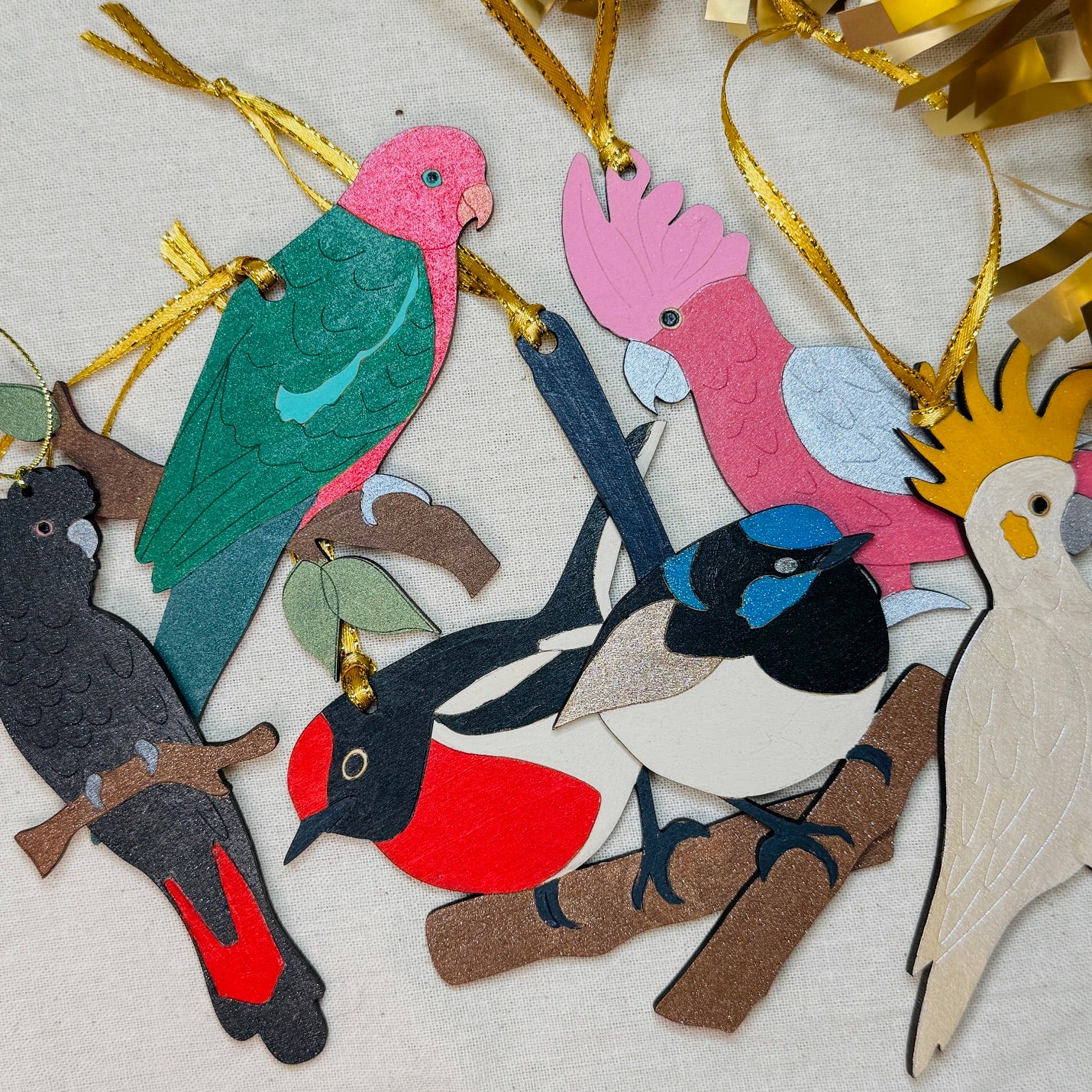 Set of 4 Australian Hand painted Bird Christmas Decorations