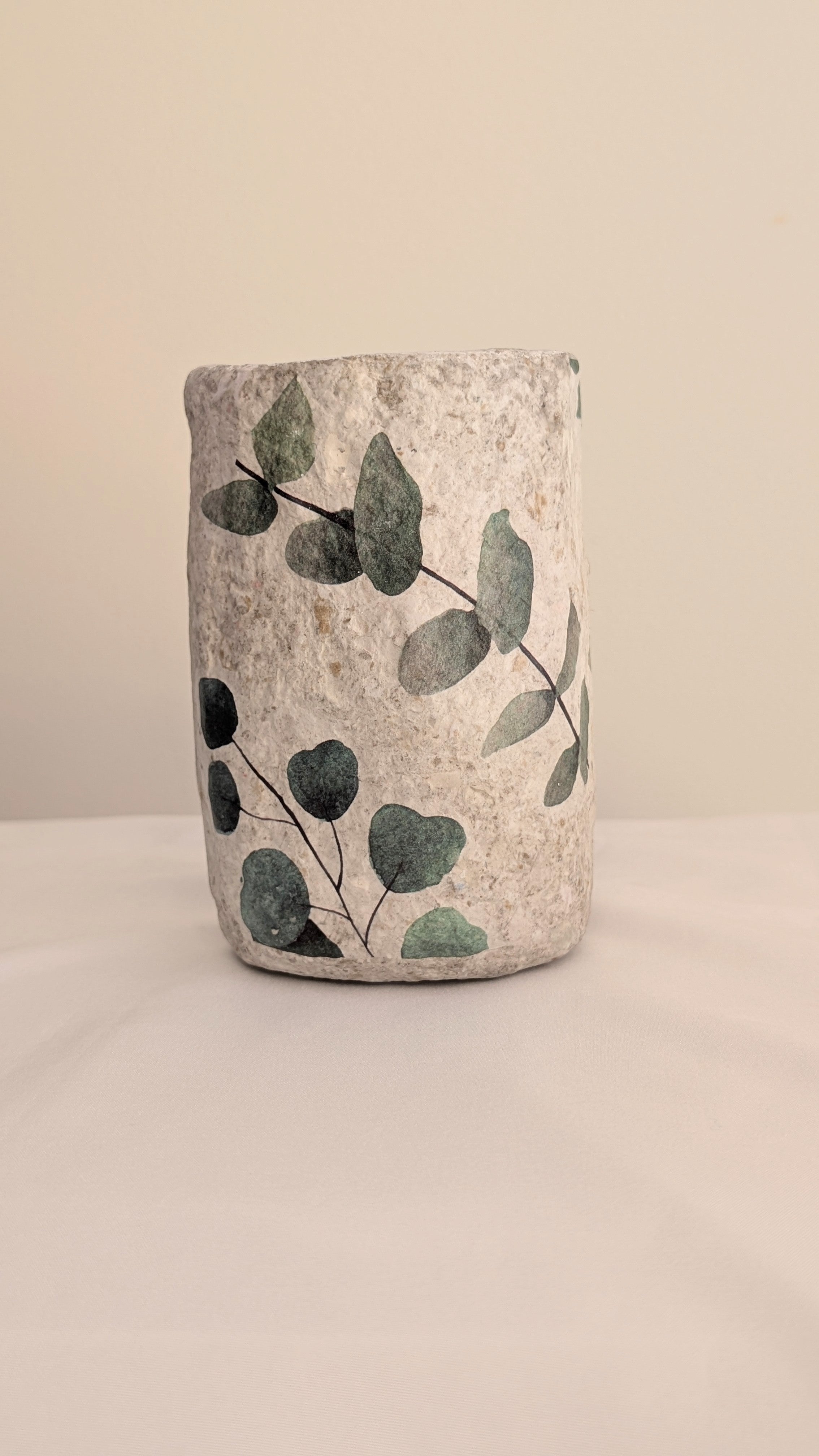 Hand-Formed Paper Clay Vase with Eucalyptus Découpage