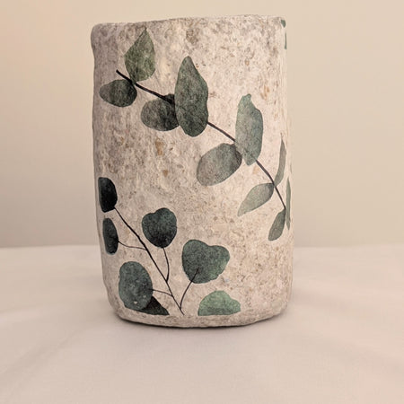 Hand-Formed Paper Clay Vase with Eucalyptus Découpage