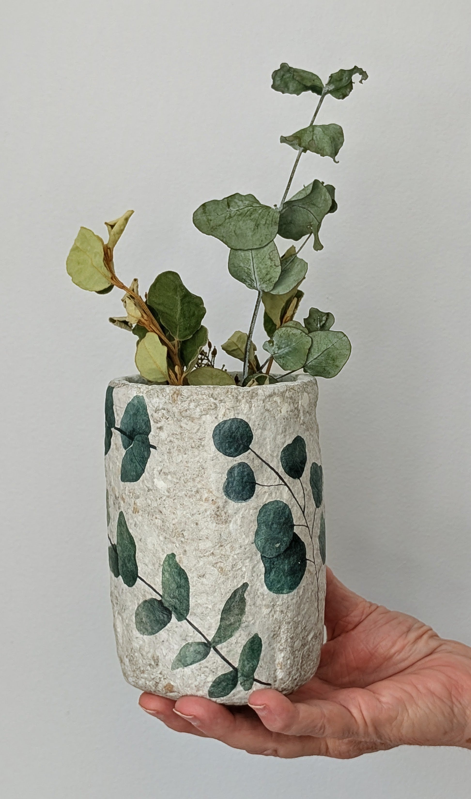 Hand-Formed Paper Clay Vase with Eucalyptus Découpage