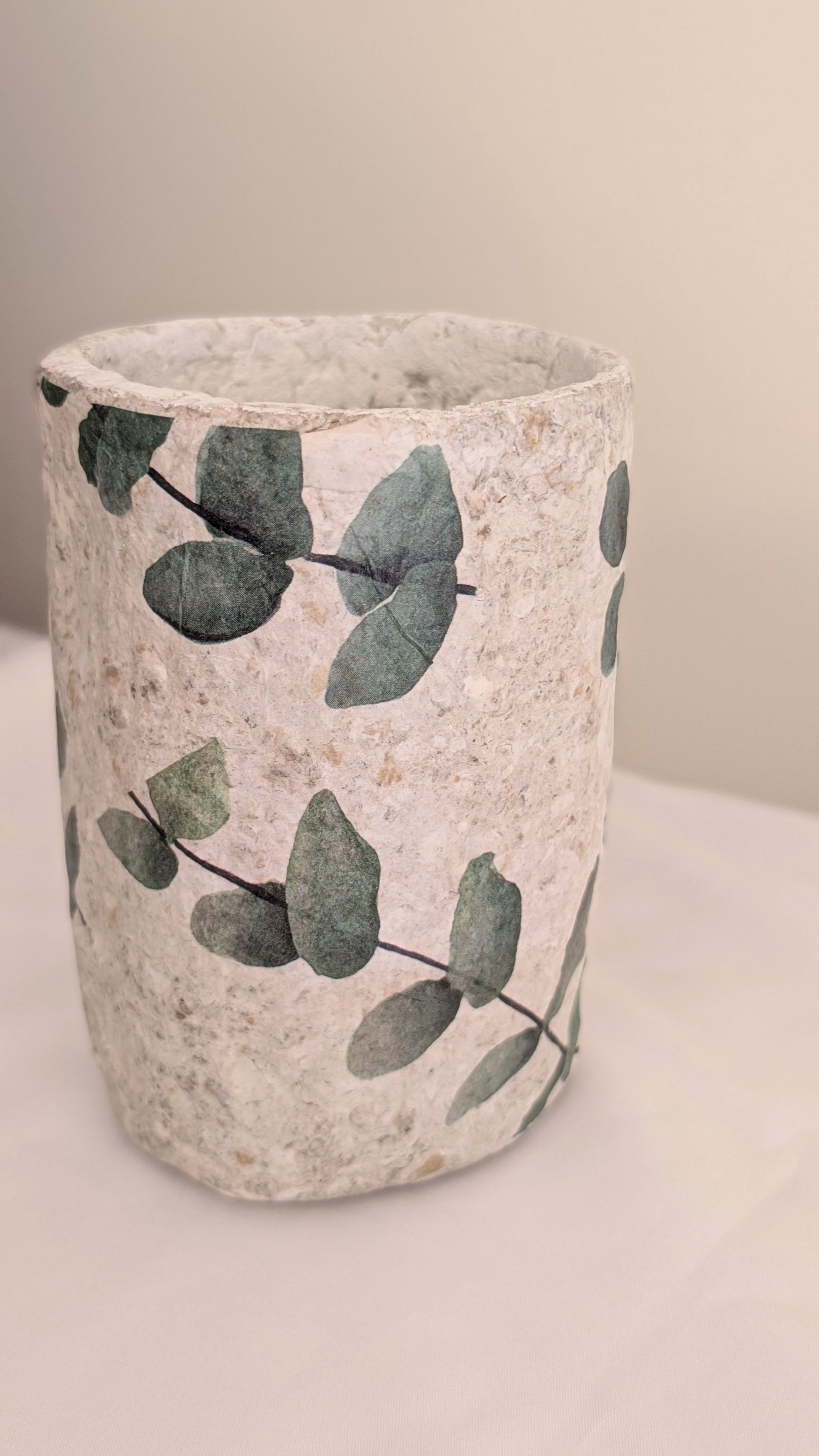 Hand-Formed Paper Clay Vase with Eucalyptus Découpage