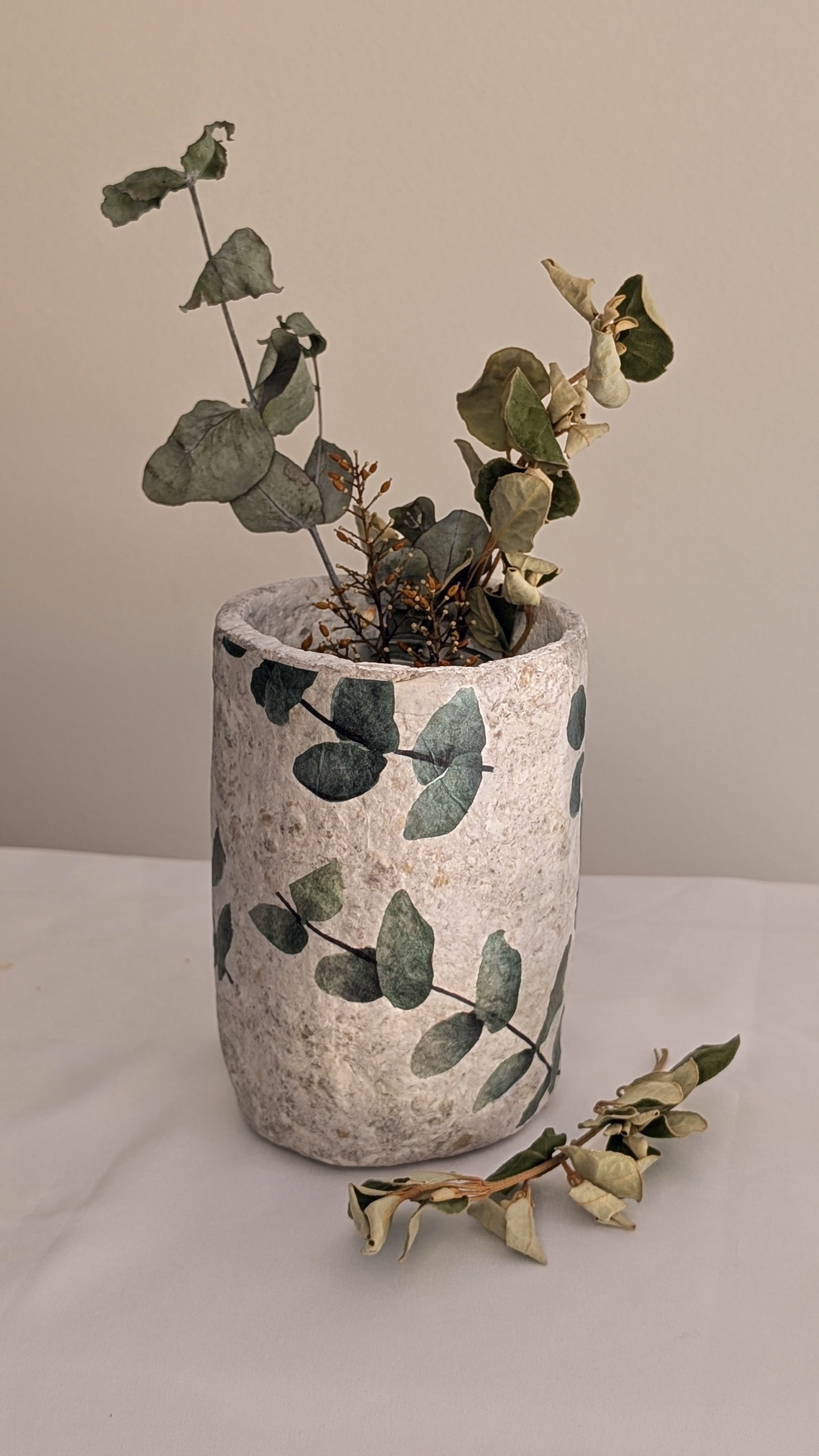 Hand-Formed Paper Clay Vase with Eucalyptus Découpage