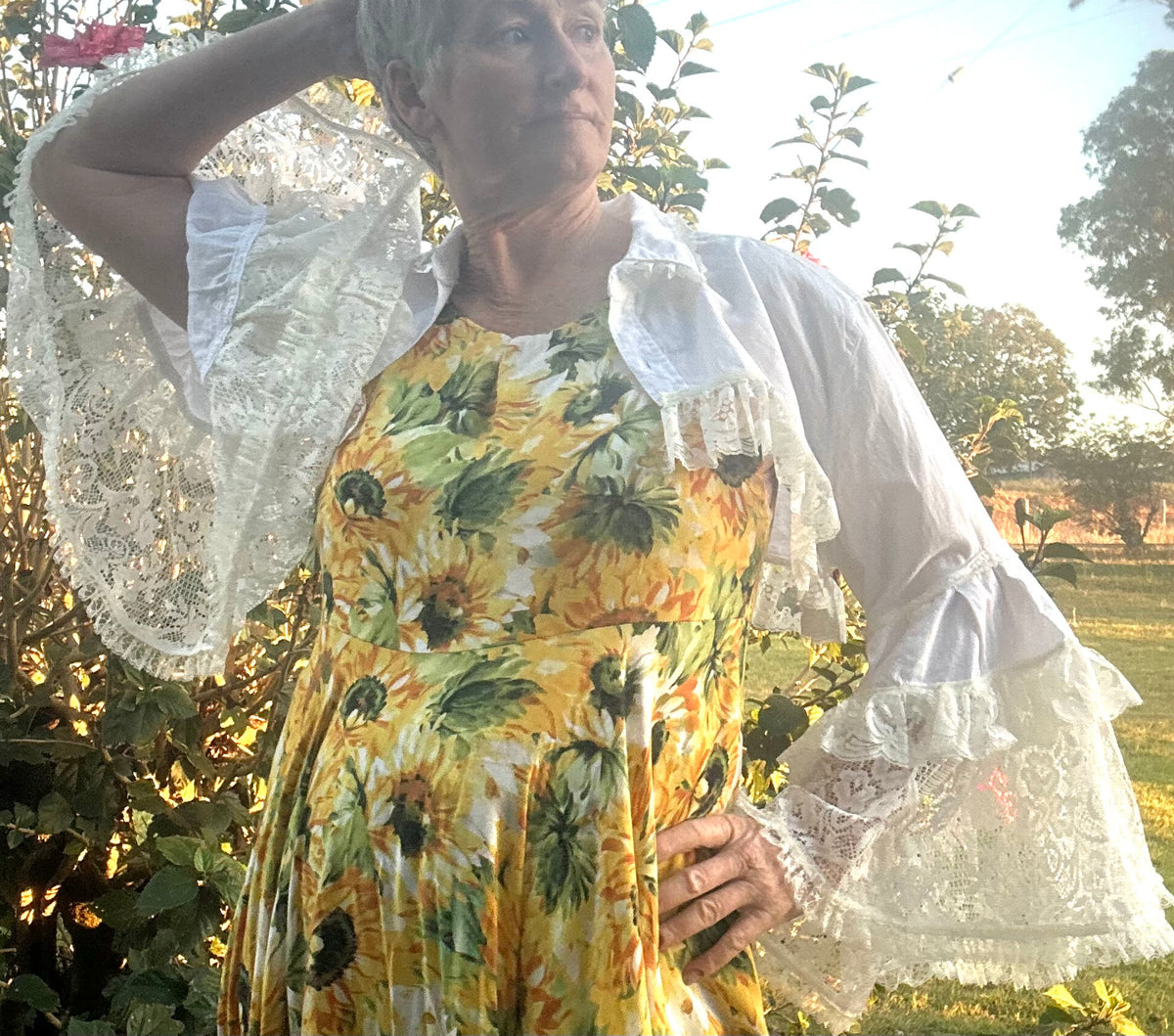 Upcycled White Linen Blend Bolero Sheer Lace Sleeves