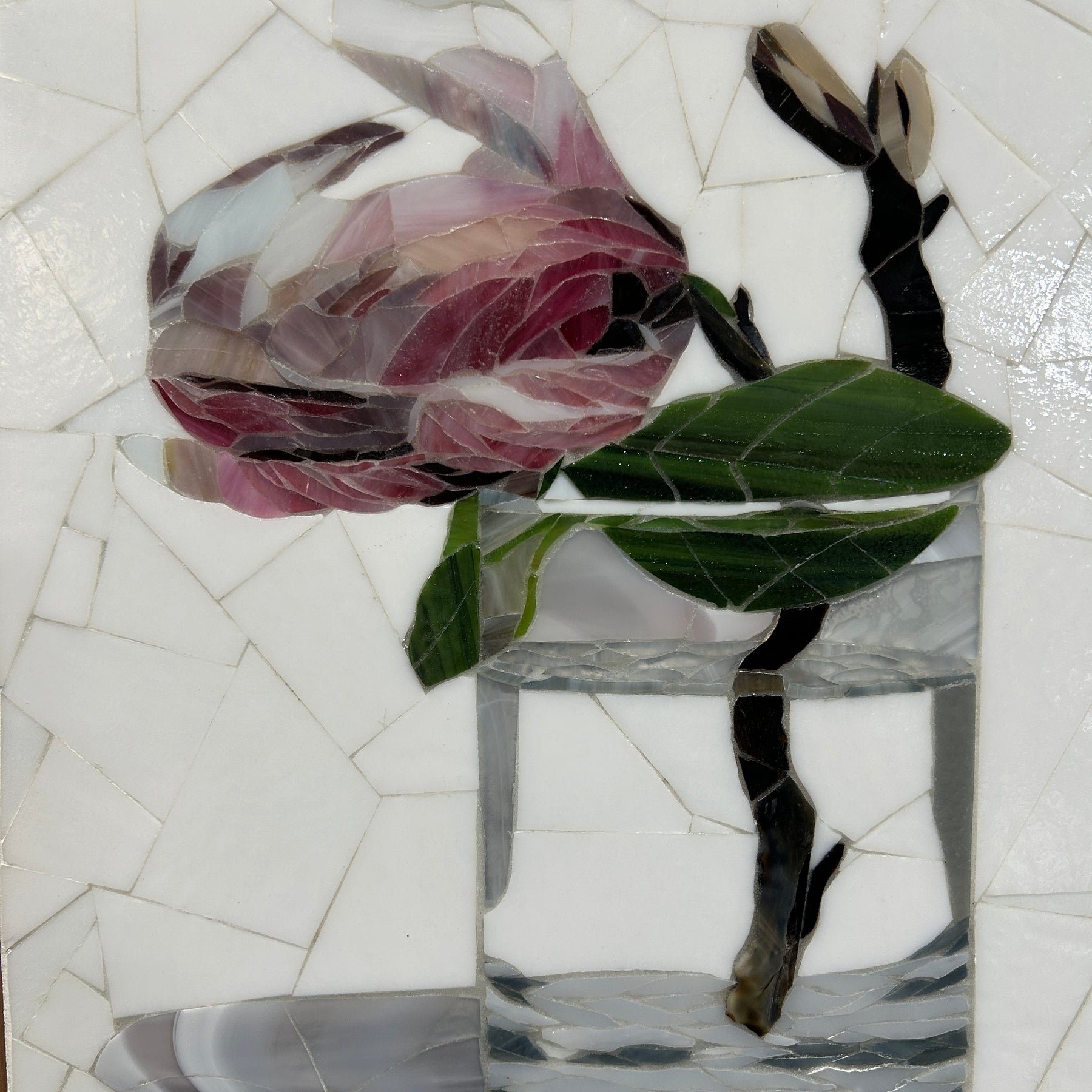 Stained Glass Mosaic Framed Magnolia Still Life Oak Frame