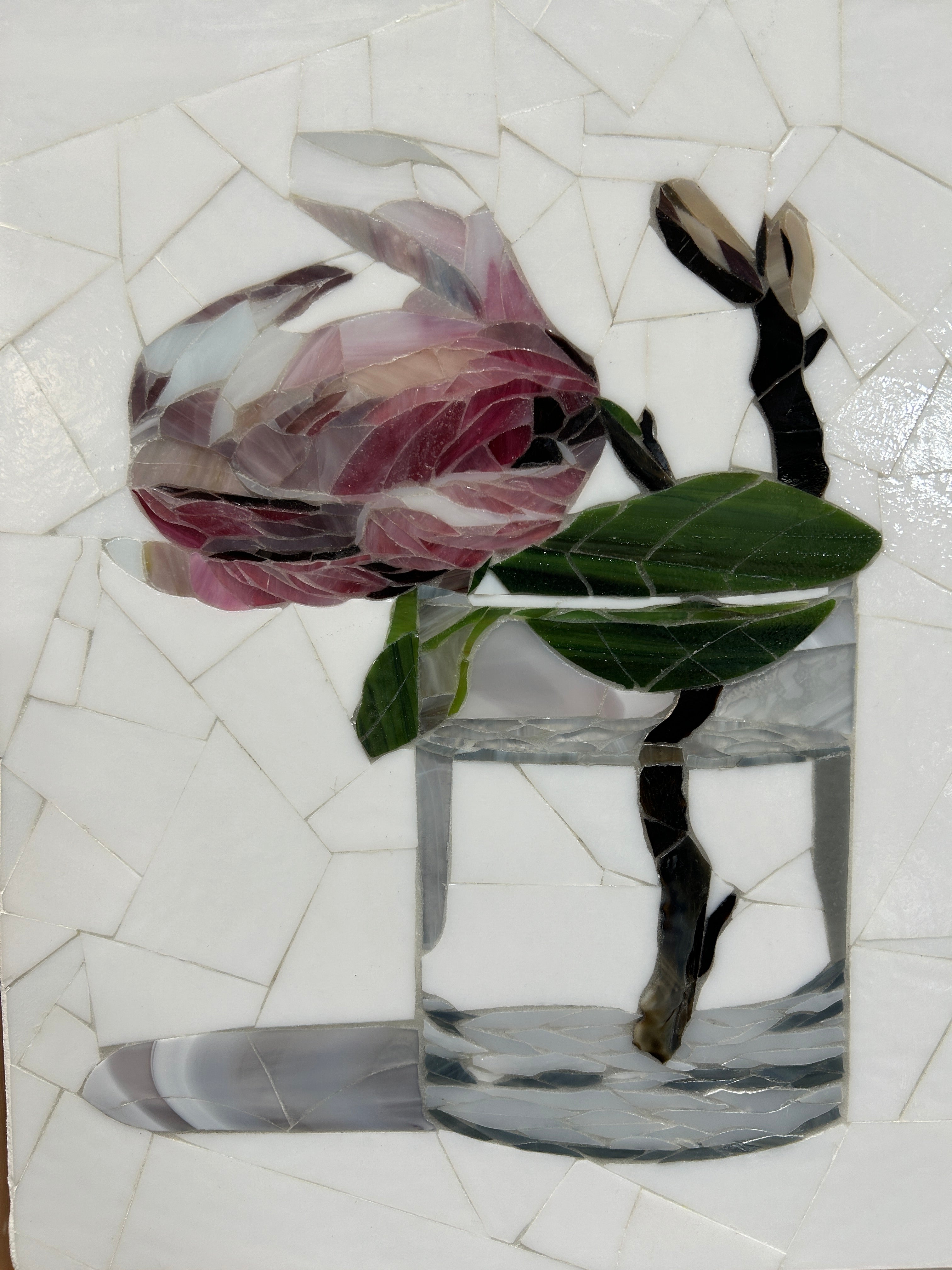 Stained Glass Mosaic Framed Magnolia Still Life Oak Frame