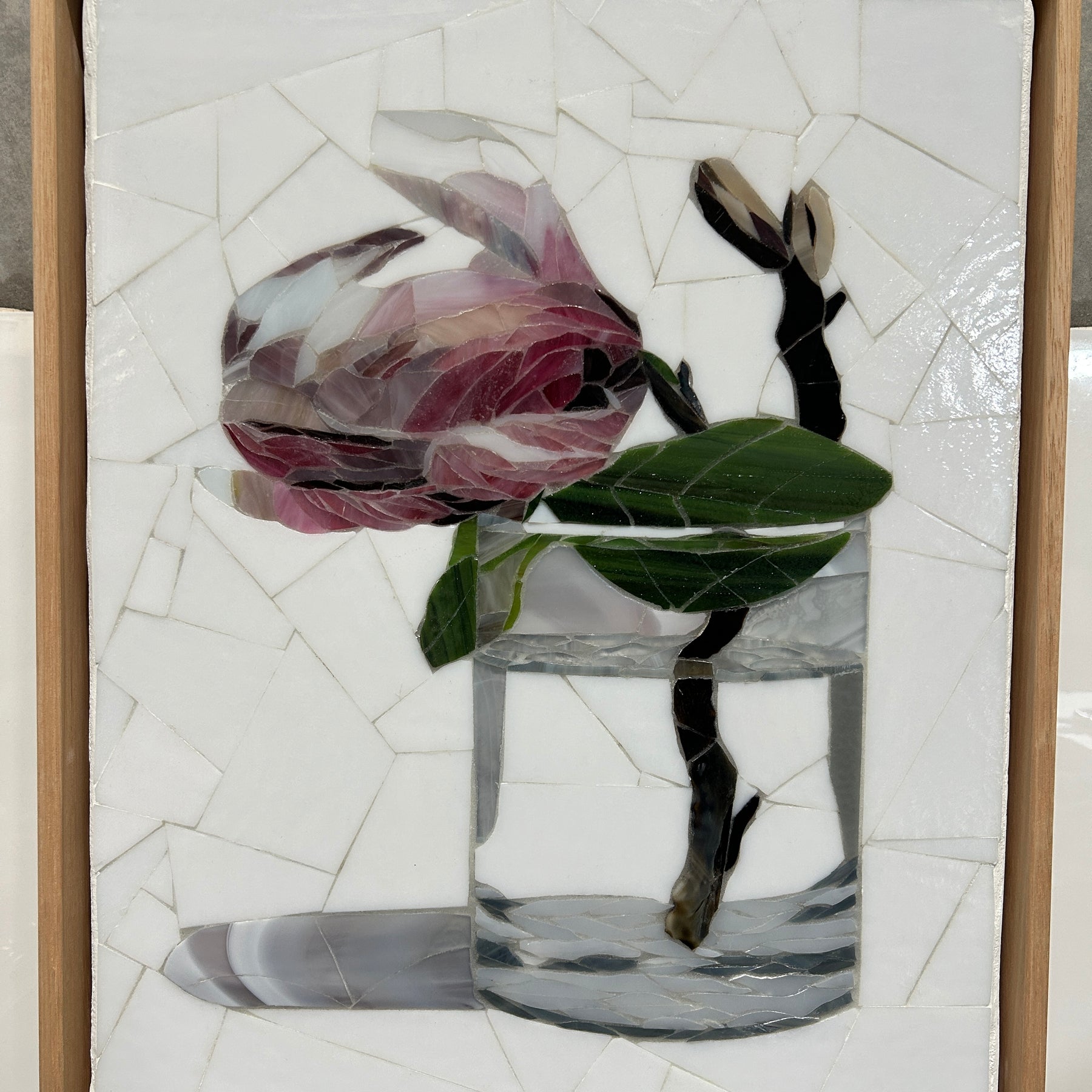 Stained Glass Mosaic Framed Magnolia Still Life Oak Frame