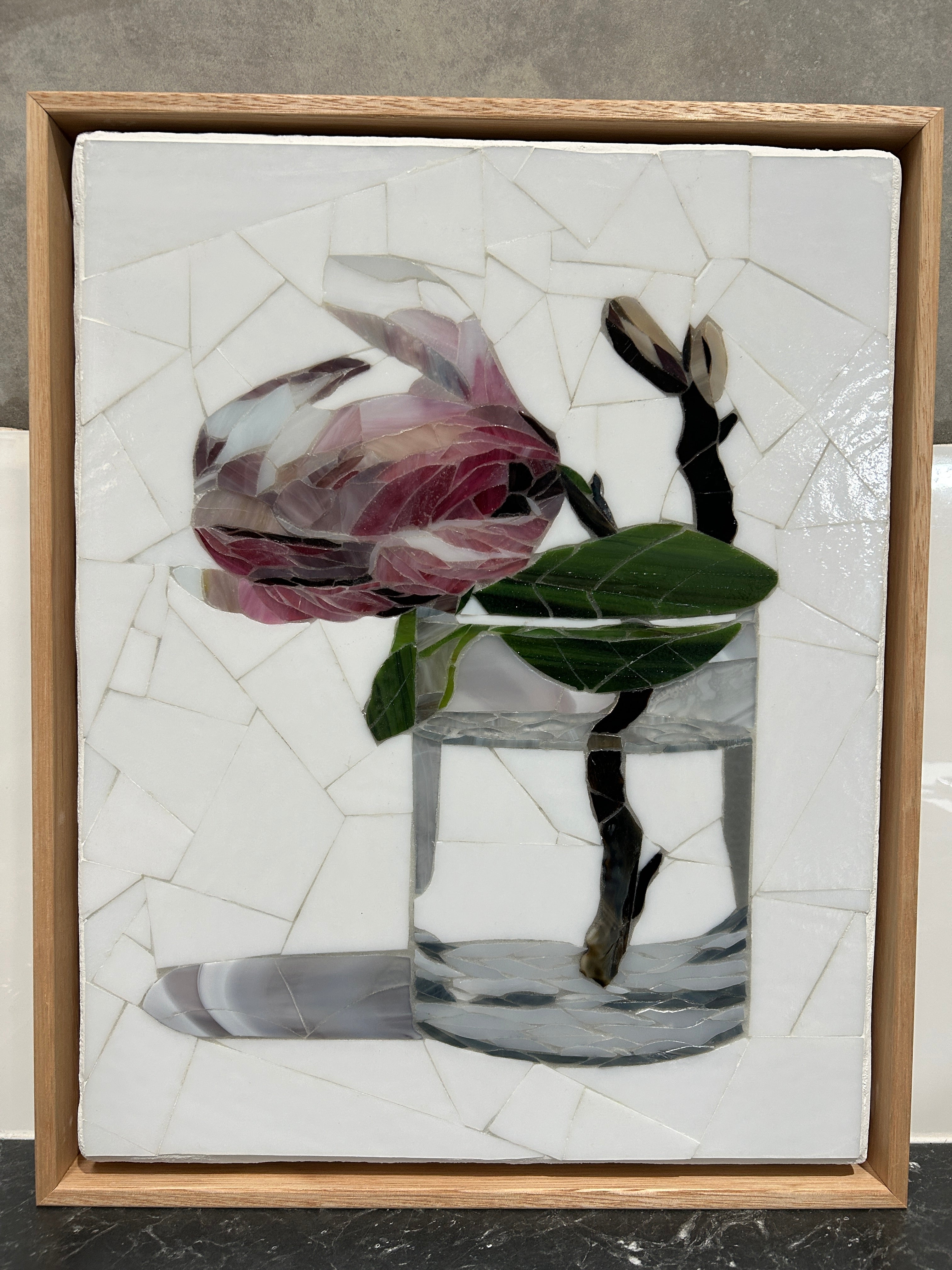 Stained Glass Mosaic Framed Magnolia Still Life Oak Frame