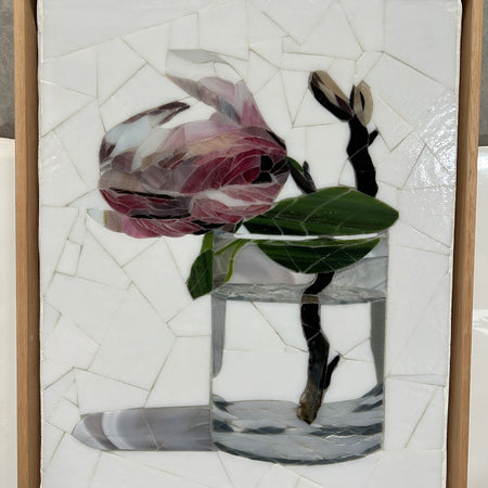 Stained Glass Mosaic Framed Magnolia Still Life Oak Frame