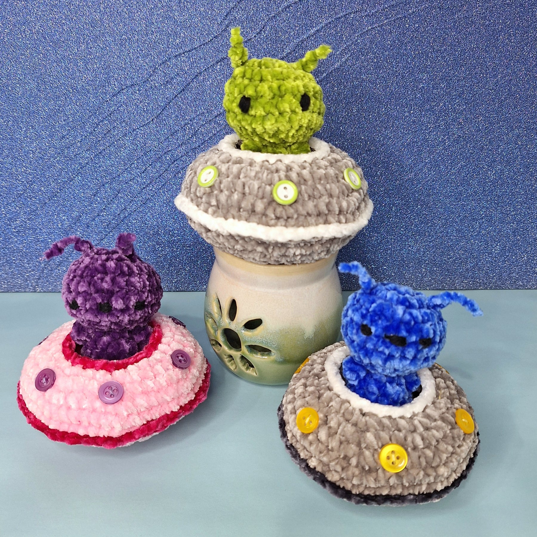 Crocheted Alien and Flying Saucer- Handmade Plush Play Set