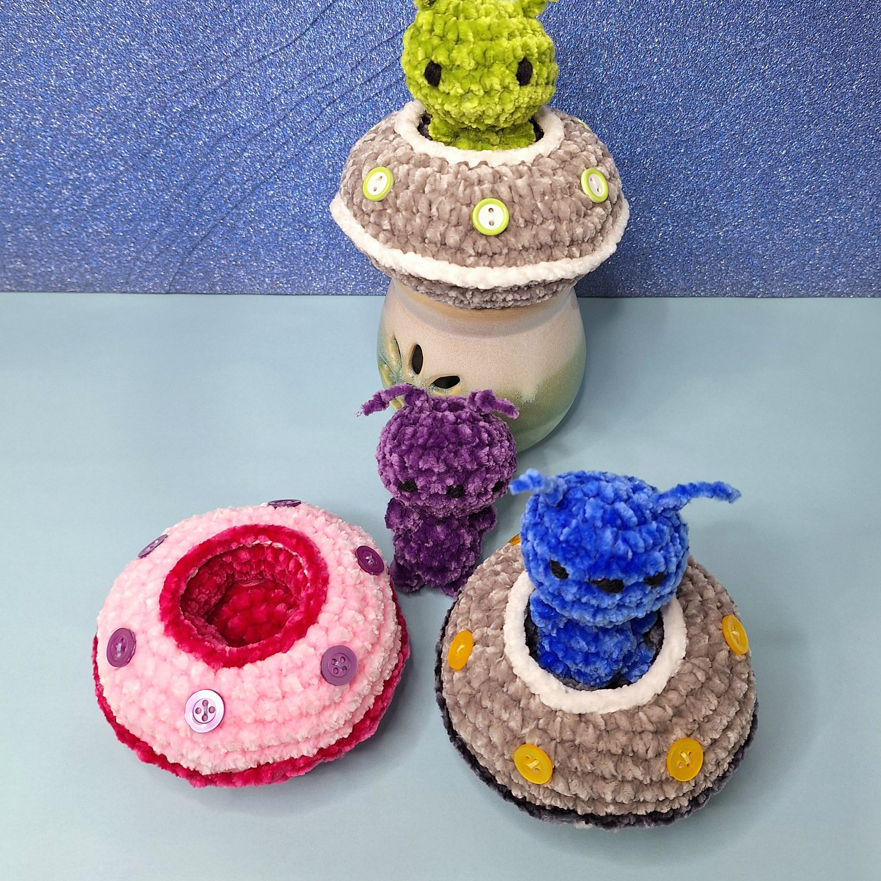 Crocheted Alien and Flying Saucer- Handmade Plush Play Set
