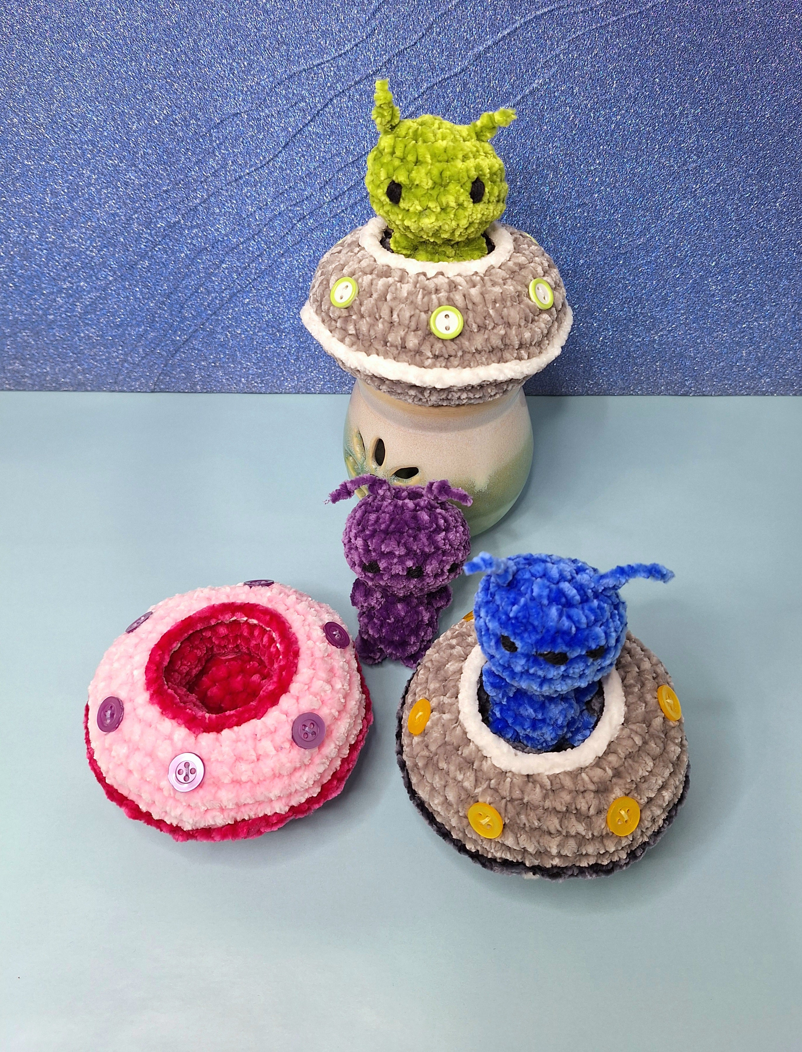 Crocheted Alien and Flying Saucer- Handmade Plush Play Set