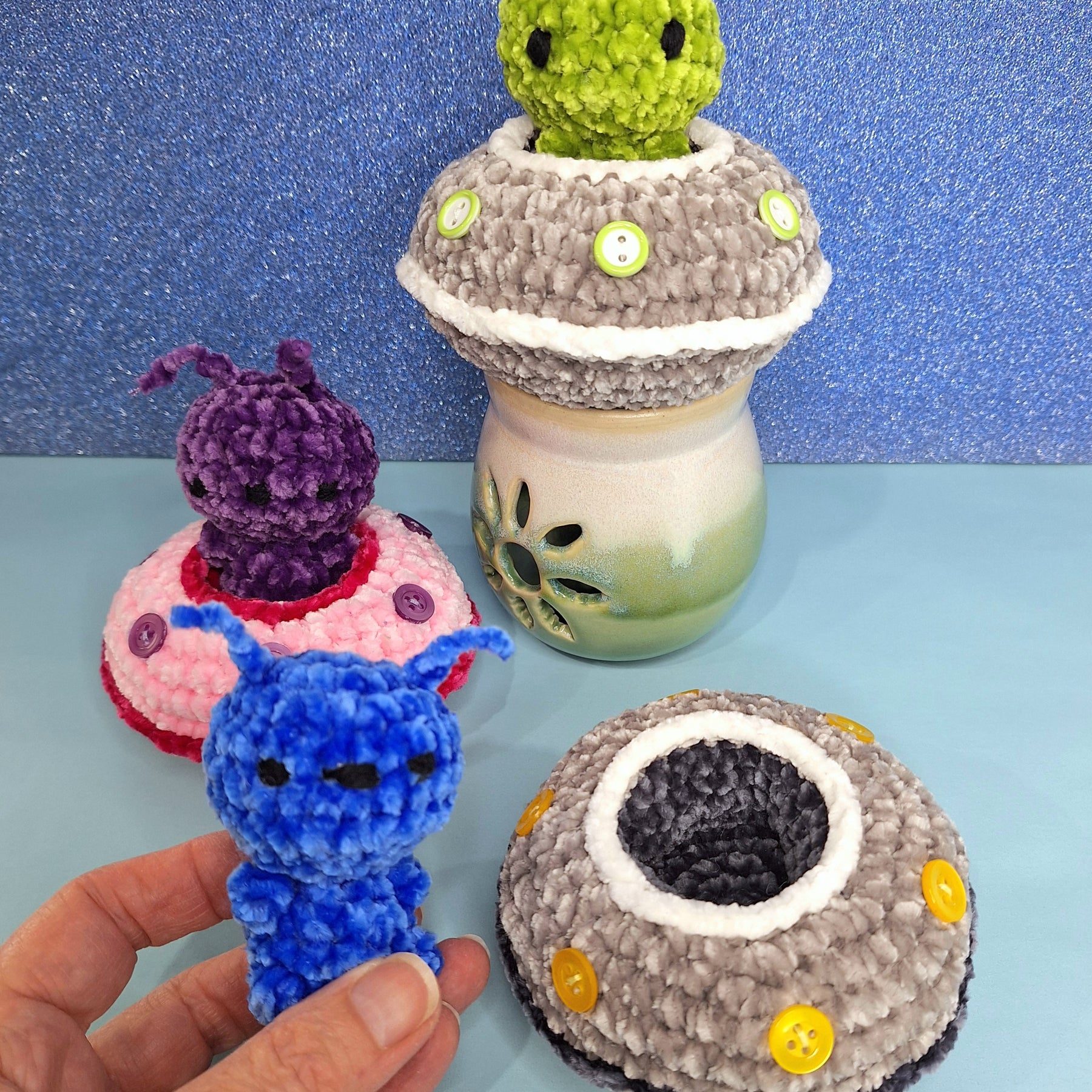 Crocheted Alien and Flying Saucer- Handmade Plush Play Set