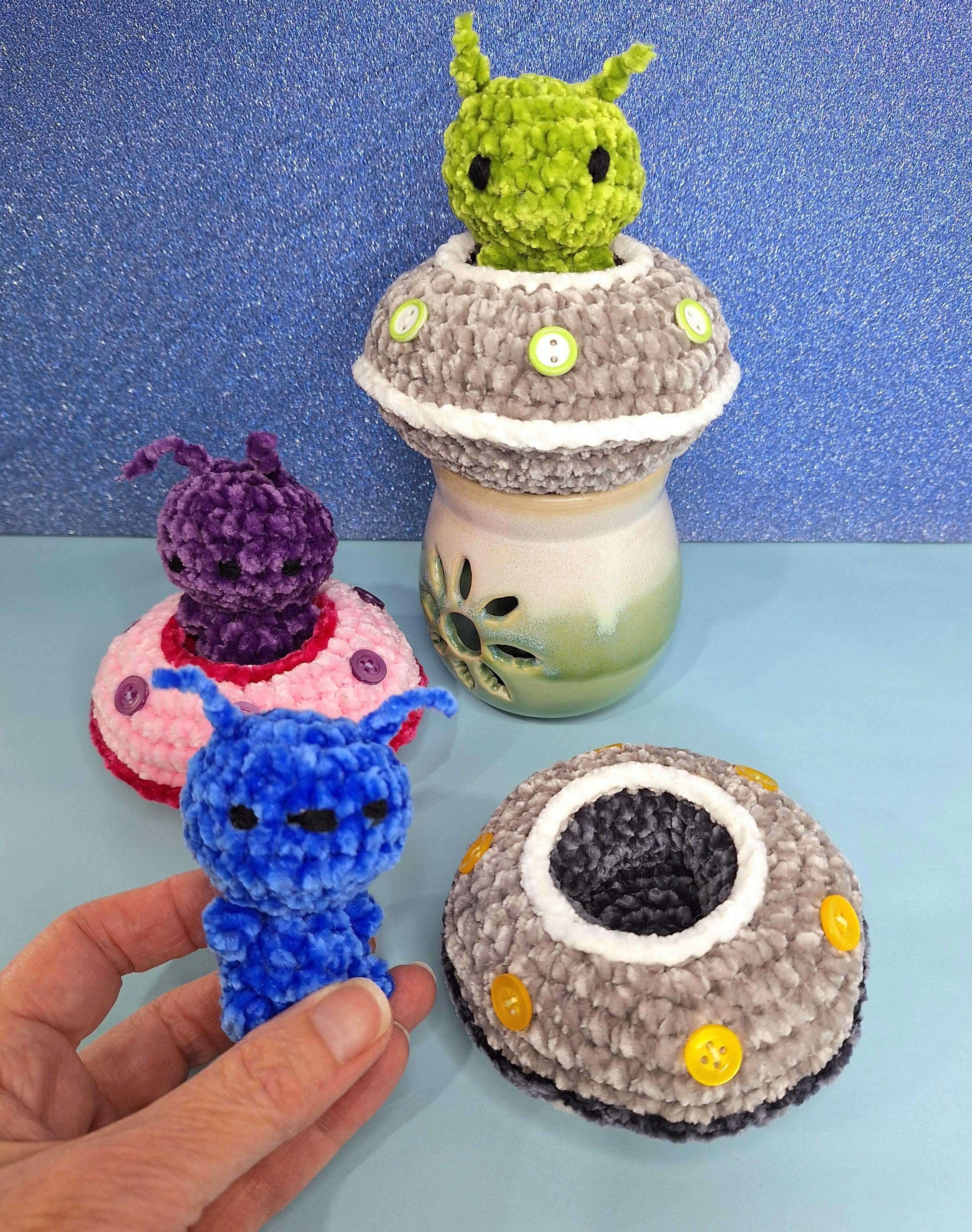 Crocheted Alien and Flying Saucer- Handmade Plush Play Set