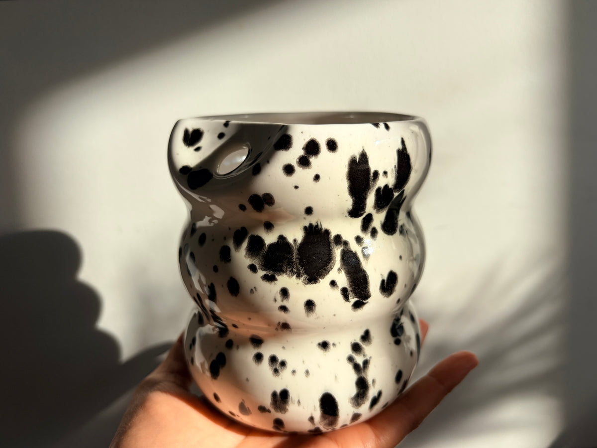 Handcrafted Porcelain Tumbler with Silicon Straw, 600mL Bubble Cup in Dalmatian Glaze