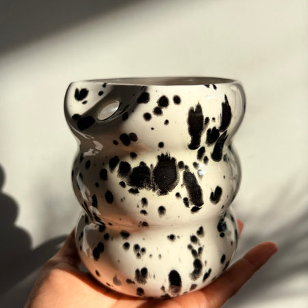 Handcrafted Porcelain Tumbler with Silicon Straw, 600mL Bubble Cup in Dalmatian Glaze