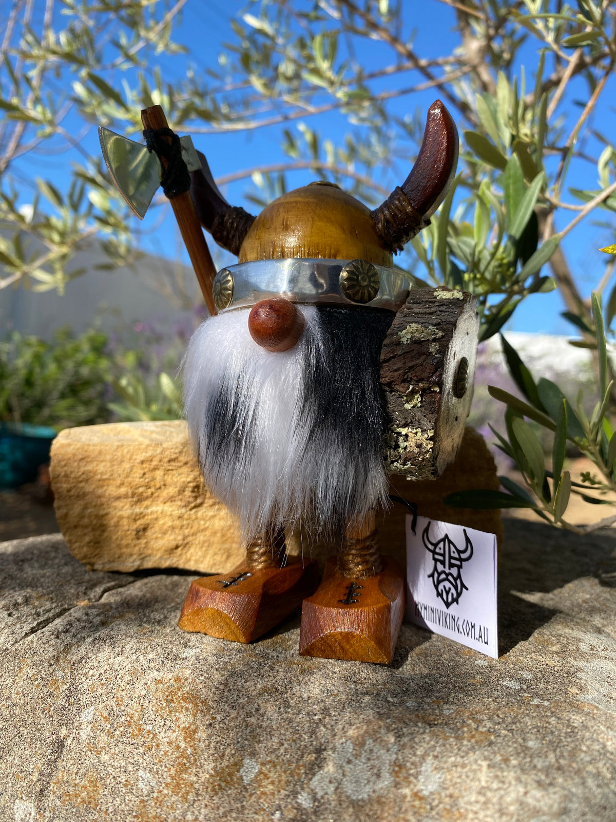 Handmade Wooden Viking Figure with Leopard Print Beard – Recycled Australian Timber Decor