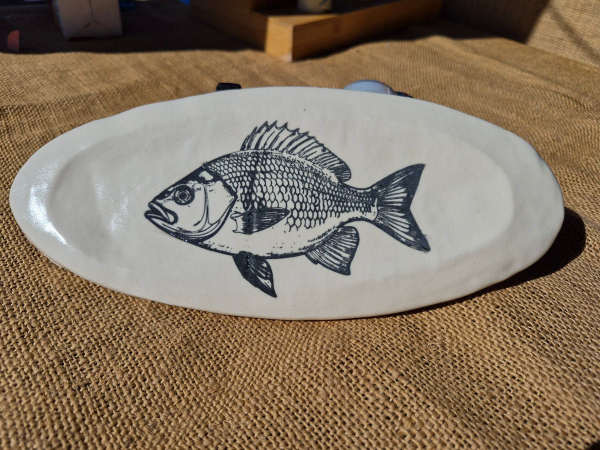 Hand Screen Printed Stoneware Plate:  Fish Design, Yellow and Black, or Black on White, Clear Glaze
