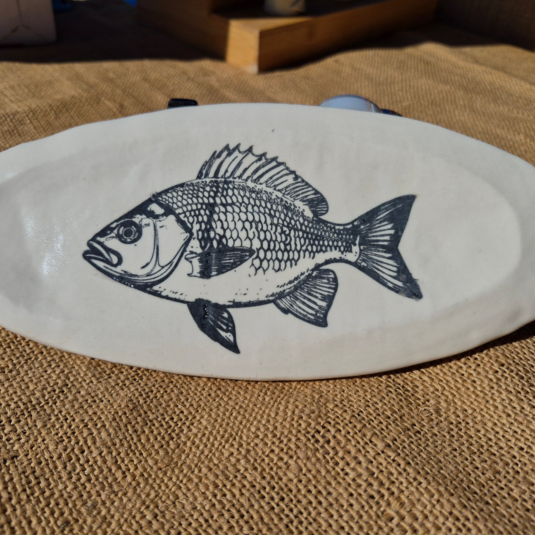 Hand Screen Printed Stoneware Plate:  Fish Design, Yellow and Black, or Black on White, Clear Glaze
