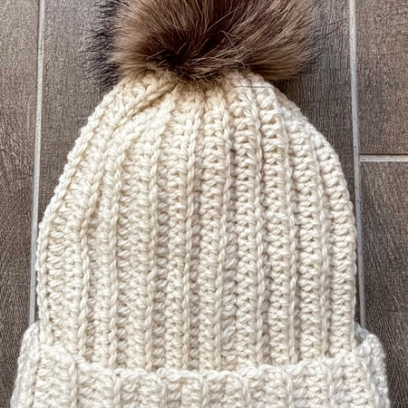 Hand Crocheted Beanie | Cream | With Pom Pom