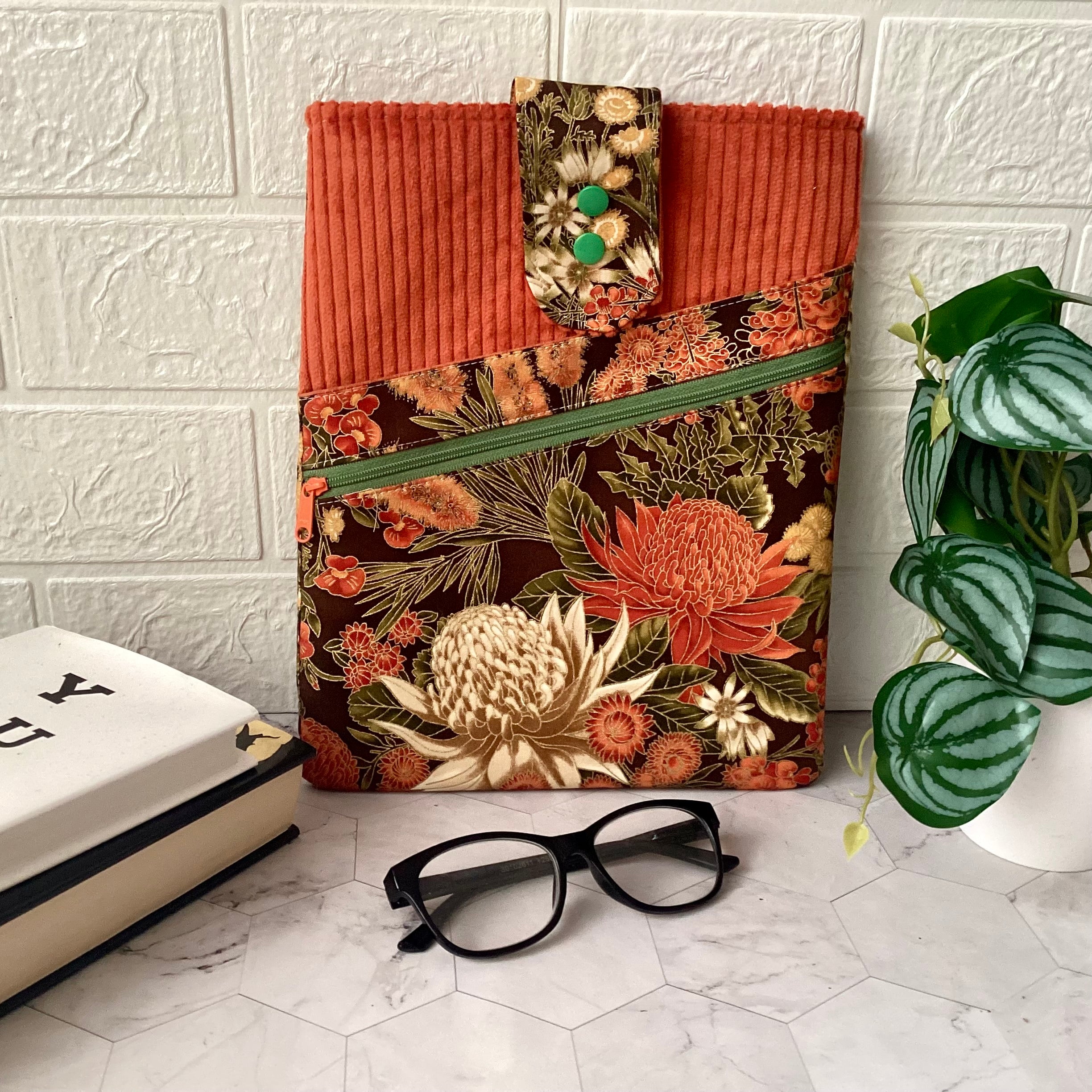 Australian wildflowers Waratahs fabric book sleeve with 2 pockets. iPad, tablet pouch