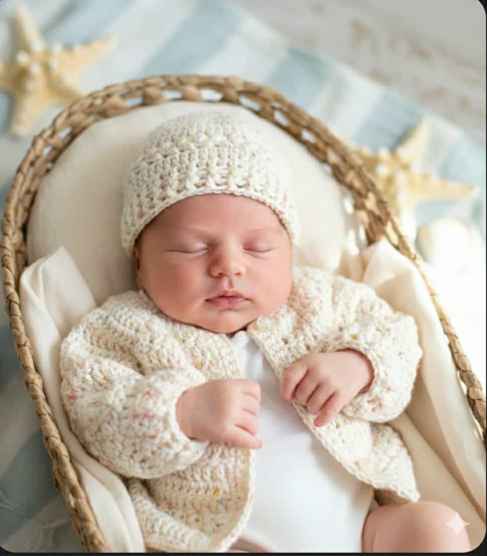Baby Cardigan | Newborn | Cream Speckle | Handmade | Crocheted Jacket & Beanie