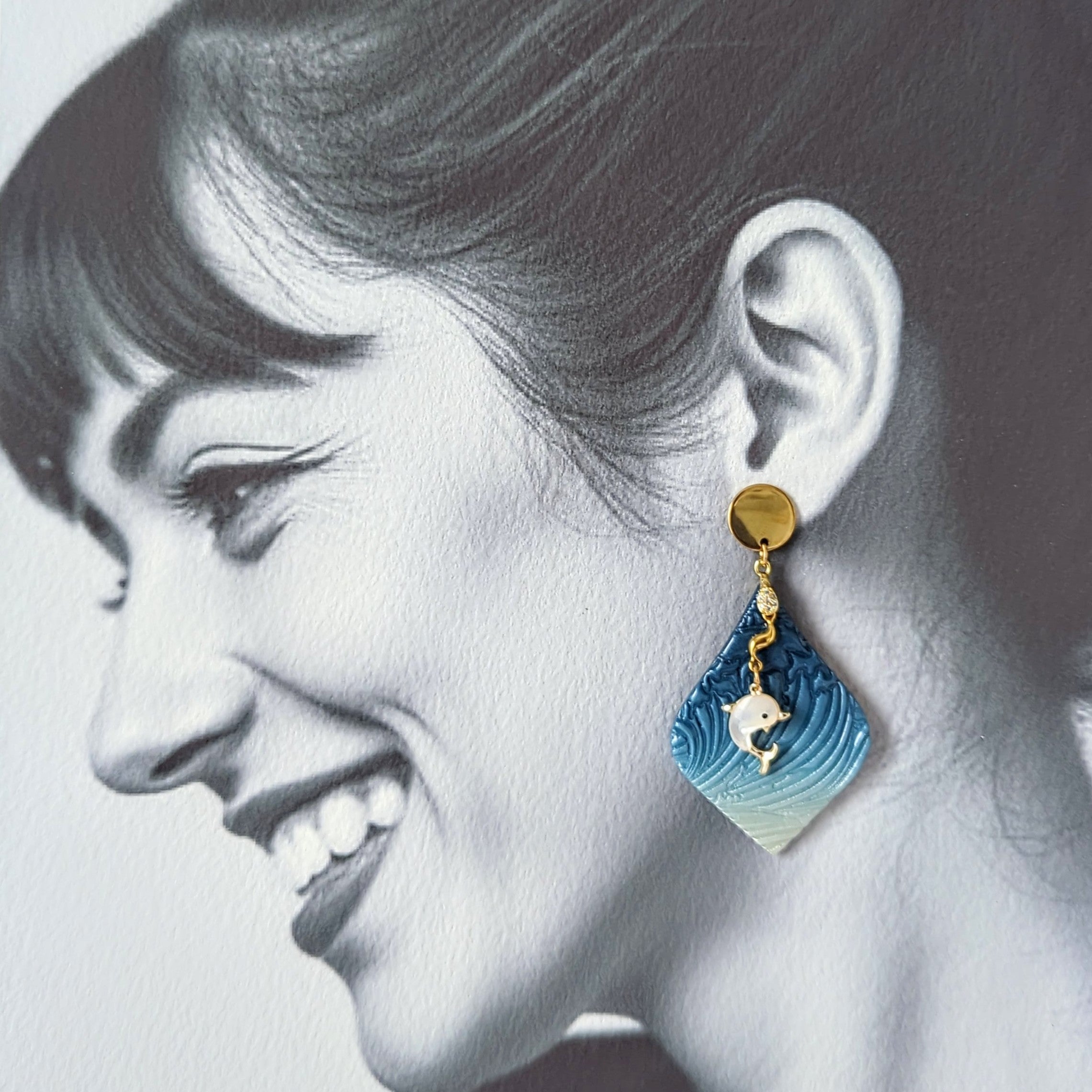 Earrings: Ocean Dreaming Blue Polymer Clay and Dolphins