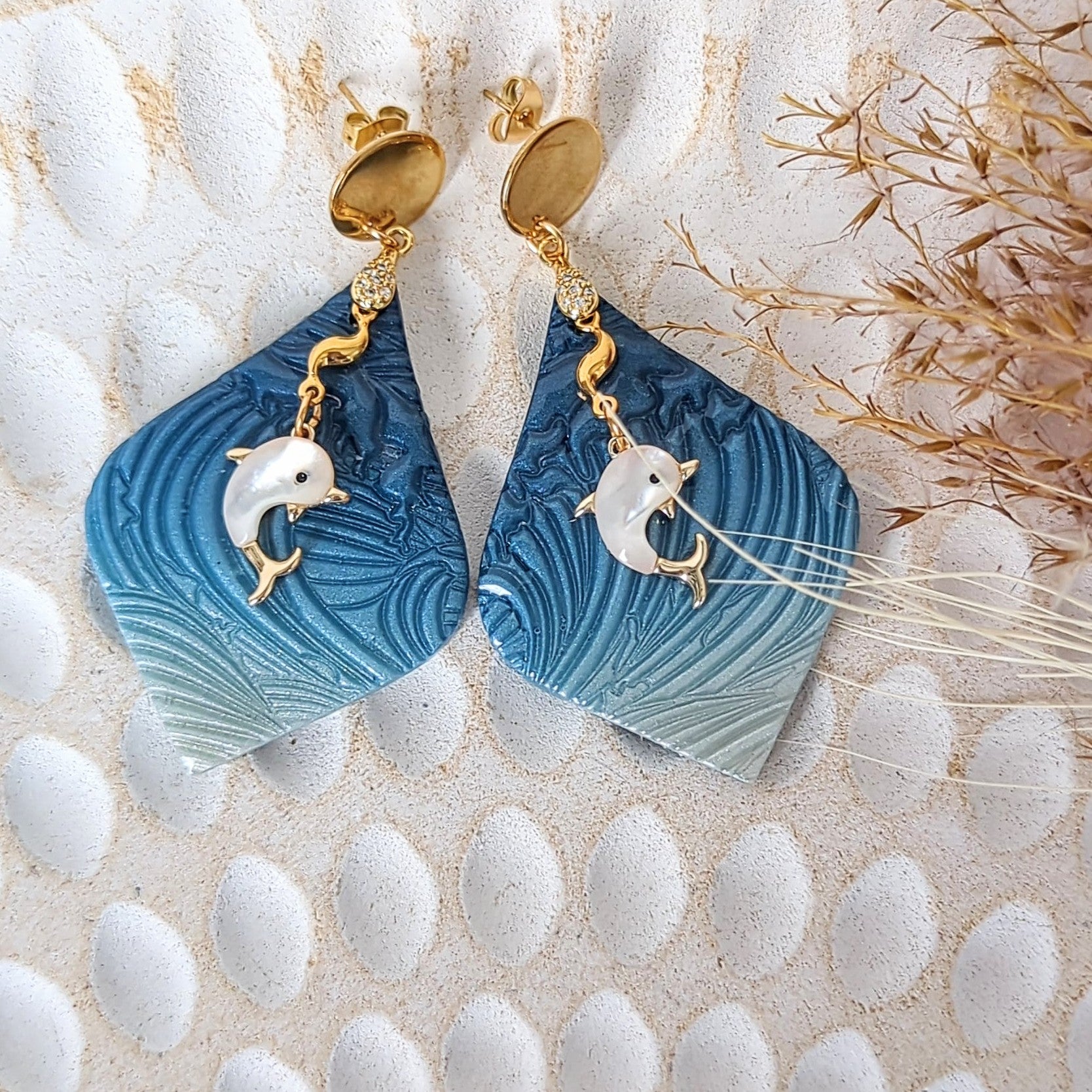 Earrings: Ocean Dreaming Blue Polymer Clay and Dolphins