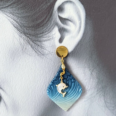 Earrings: Ocean Dreaming Blue Polymer Clay and Dolphins